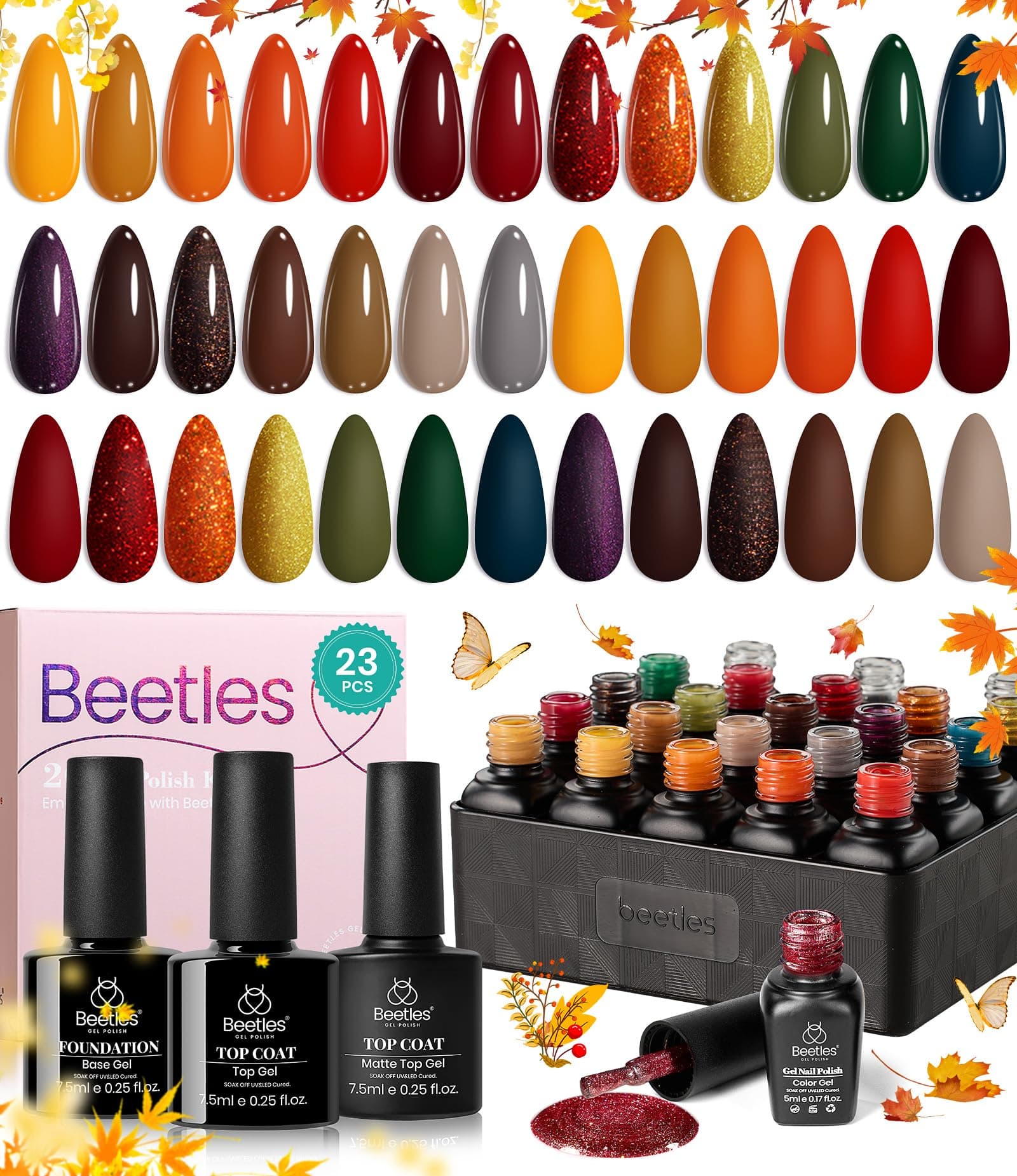 beetles Gel Polish Cozy Campfire Shade Collection - Fall Nail Fest Fall Gel Nail Polish Set, 20 Colors Autumn Orange Yellow Green Brown Red Shades UV LED Cured Soak Off DIY Manicure Gift for Girl 0-0 Cozy Campfire