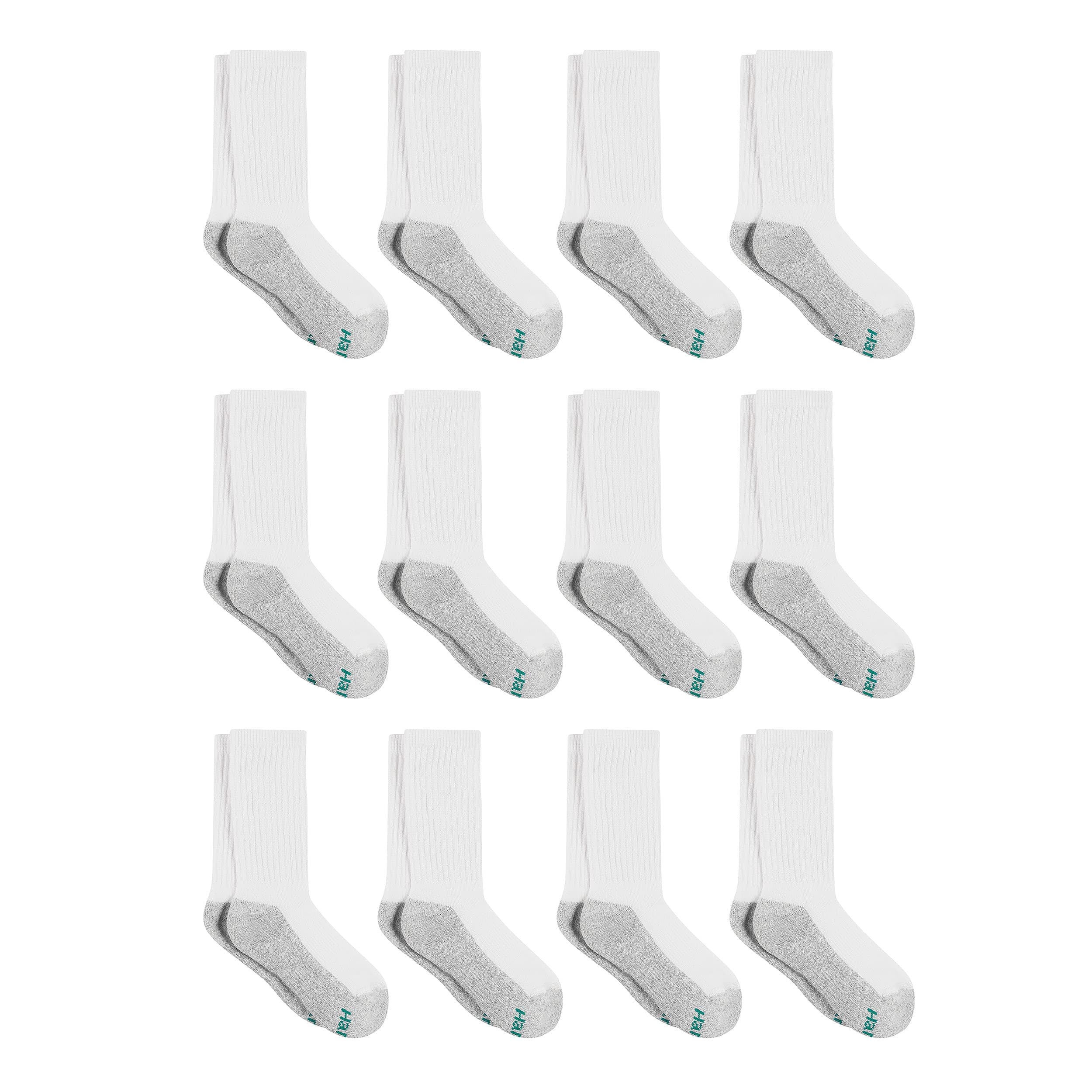 Hanes Boys' Socks, Double Tough Cushioned Crew Socks, 12-pair Packs Small White/Grey Bottom