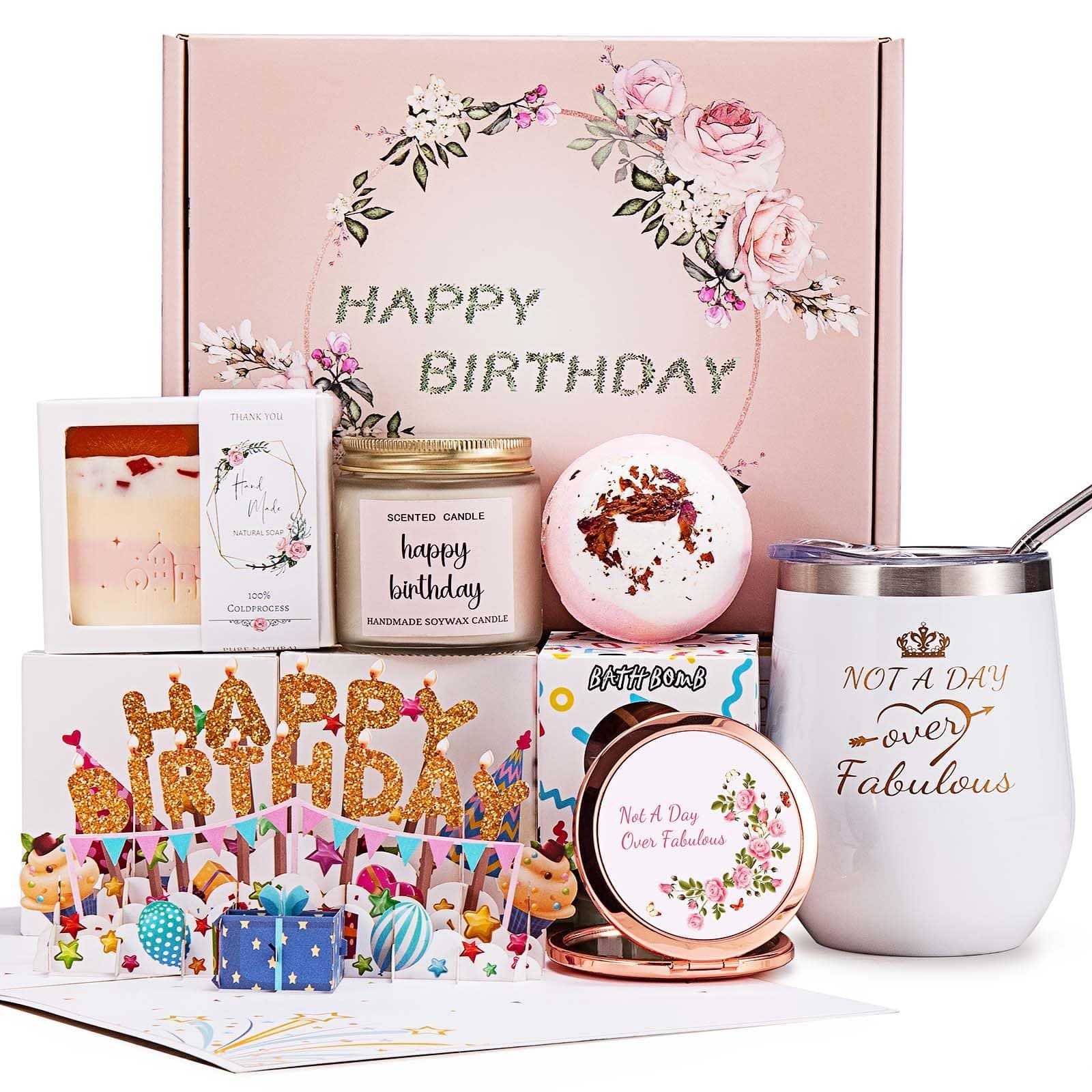 Birthday Gifts for Women, Happy Bath Set Relaxing Spa Gift Baskets Ideas for Women, Her, Mom, Sister, Female Friends, Coworker, Wife, Girlfriend, Daughter, Unique Gifts for Women Who Have Everything pink
