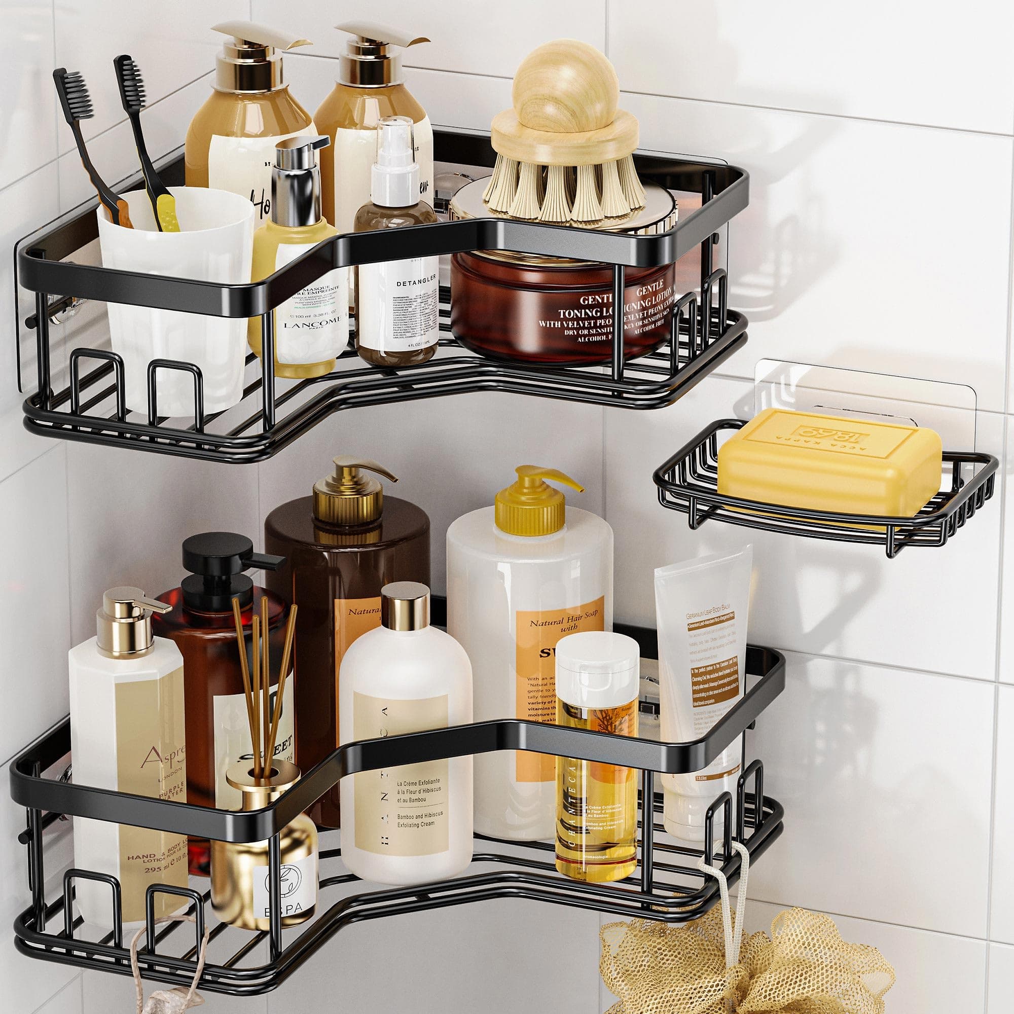 MAXIFFE 3 Pack Corner Shower Caddy with Soap Holder, Large Capacity Sturdy Easy Install No Drilling Stainless Steel Hold 40 LBS Shower Organizer Shelves Rack Storage for Family Renters Bathroom, Black Black L