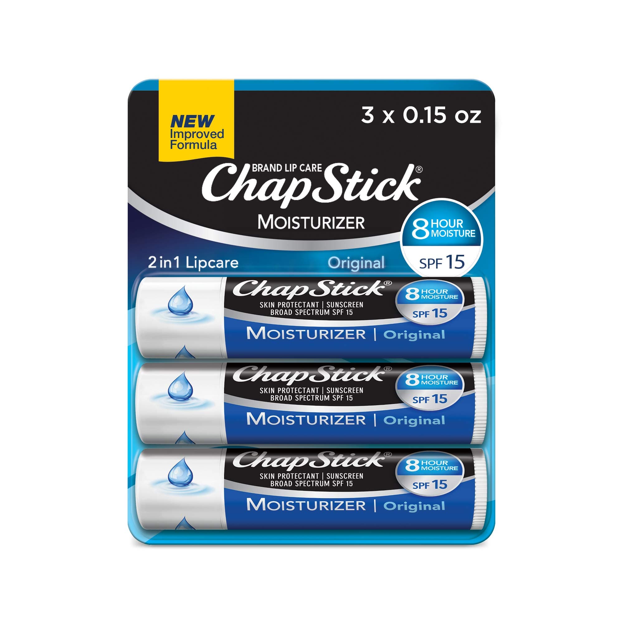 ChapStick Moisturizer Original Lip Balm Tubes, SPF 15 and Skin Protectant - 0.15 Oz (Pack of 3) Moisturizer Original 0.15 Ounce (Pack of 3)