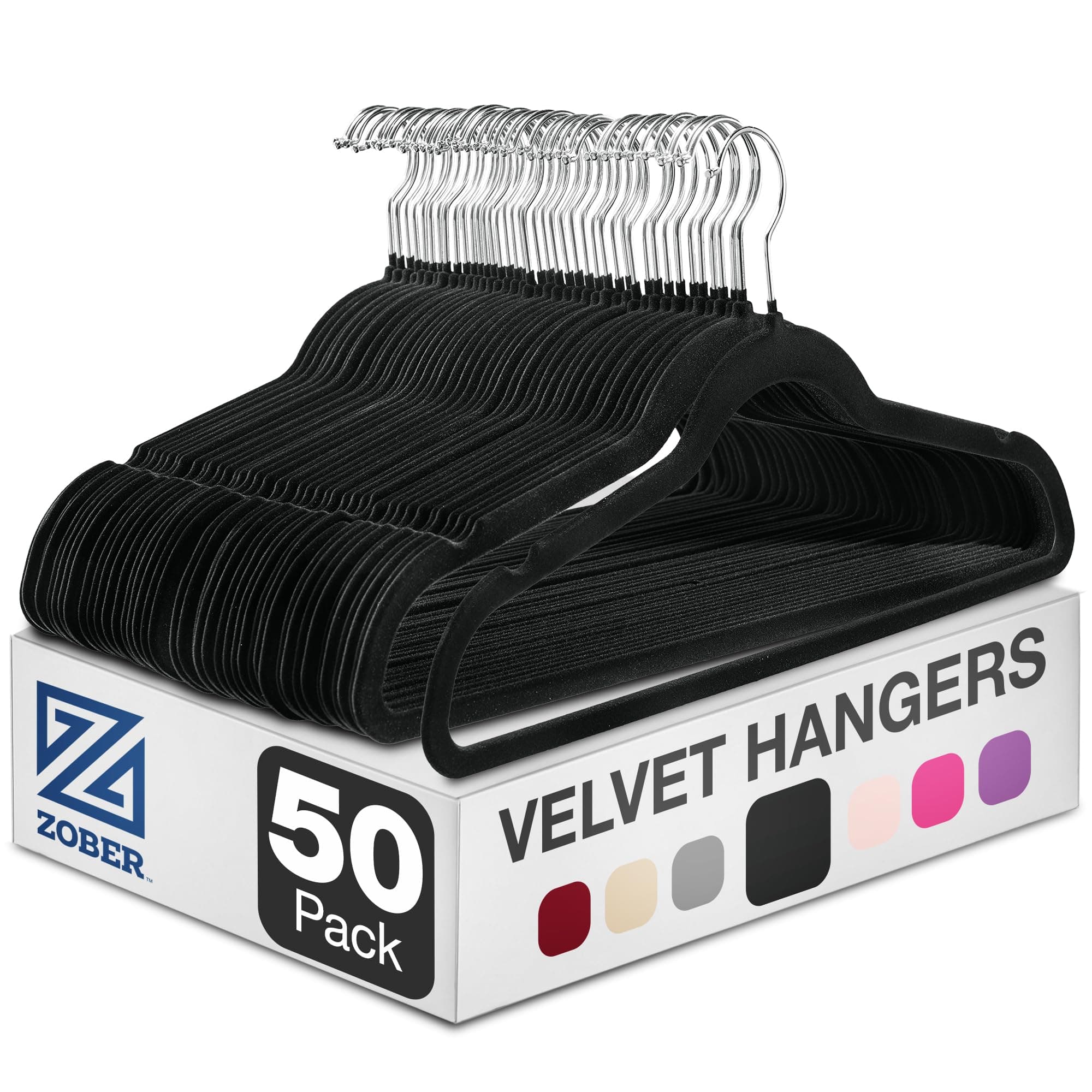 Zober Velvet Hangers 50 Pack - Black for Coats, Pants & Dress Clothes - Non Slip w/ 360 Degree Swivel, Holds up to 10 lbs - Strong Felt Hangers for Clothing Black 50 Pack