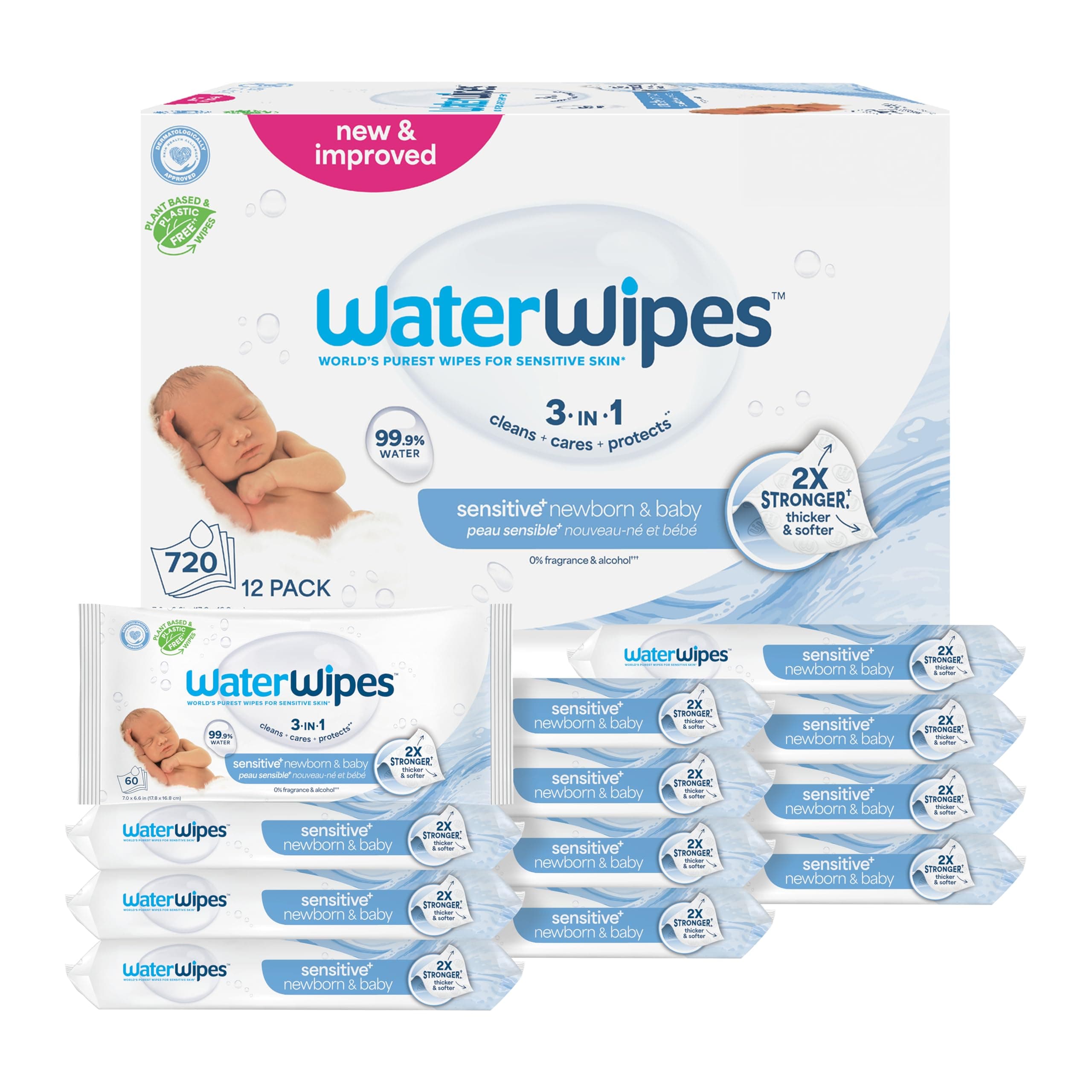 WaterWipes Sensitive+ Newborn & Baby Wipes, 3-In-1 Cleans, Cares, Protects, 99.9% Water, Unscented & Hypoallergenic, 720 Count (12 Packs) 60 Count (Pack of 12)