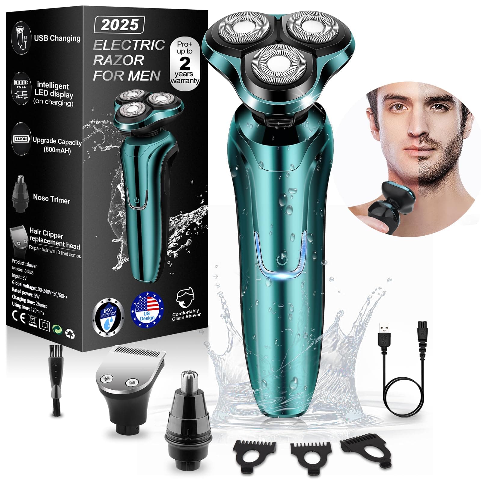 Electric Razor for Men, Men's Rotary Shavers, Waterproof, Wet and Dry Rechargeable Electric Shaver for Men's Faces with a Cordless and Floating Head,Portable Travel Razor,an Ideal Gift for Men 1 Dark Green