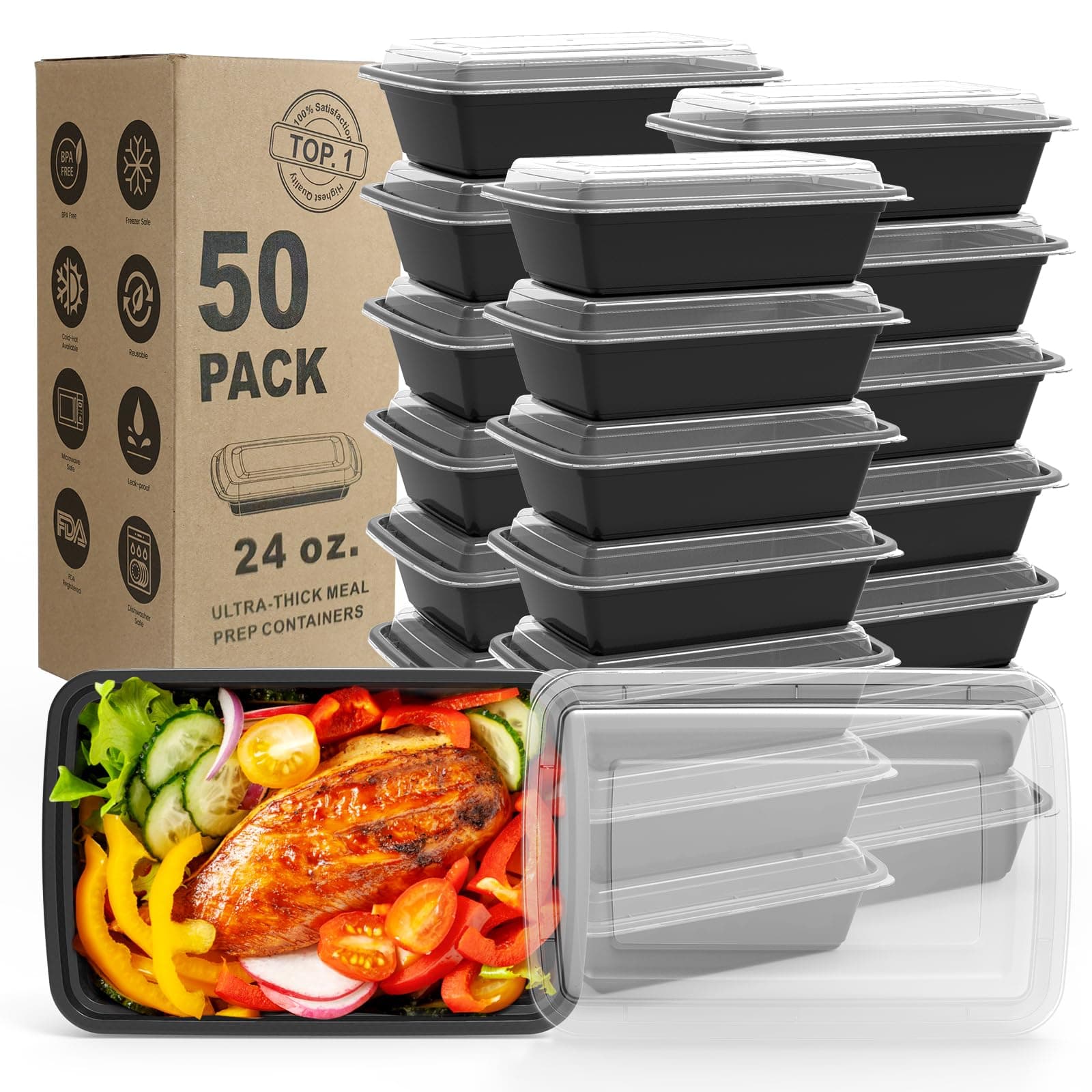WGCC Meal Prep Containers, 50 Pack Extra-thick Food Storage Containers with Lids, Disposable & Reusable Plastic Bento Lunch Box, BPA Free, Stackable, Microwave/Dishwasher/Freezer Safe (24 oz) 24OZ
