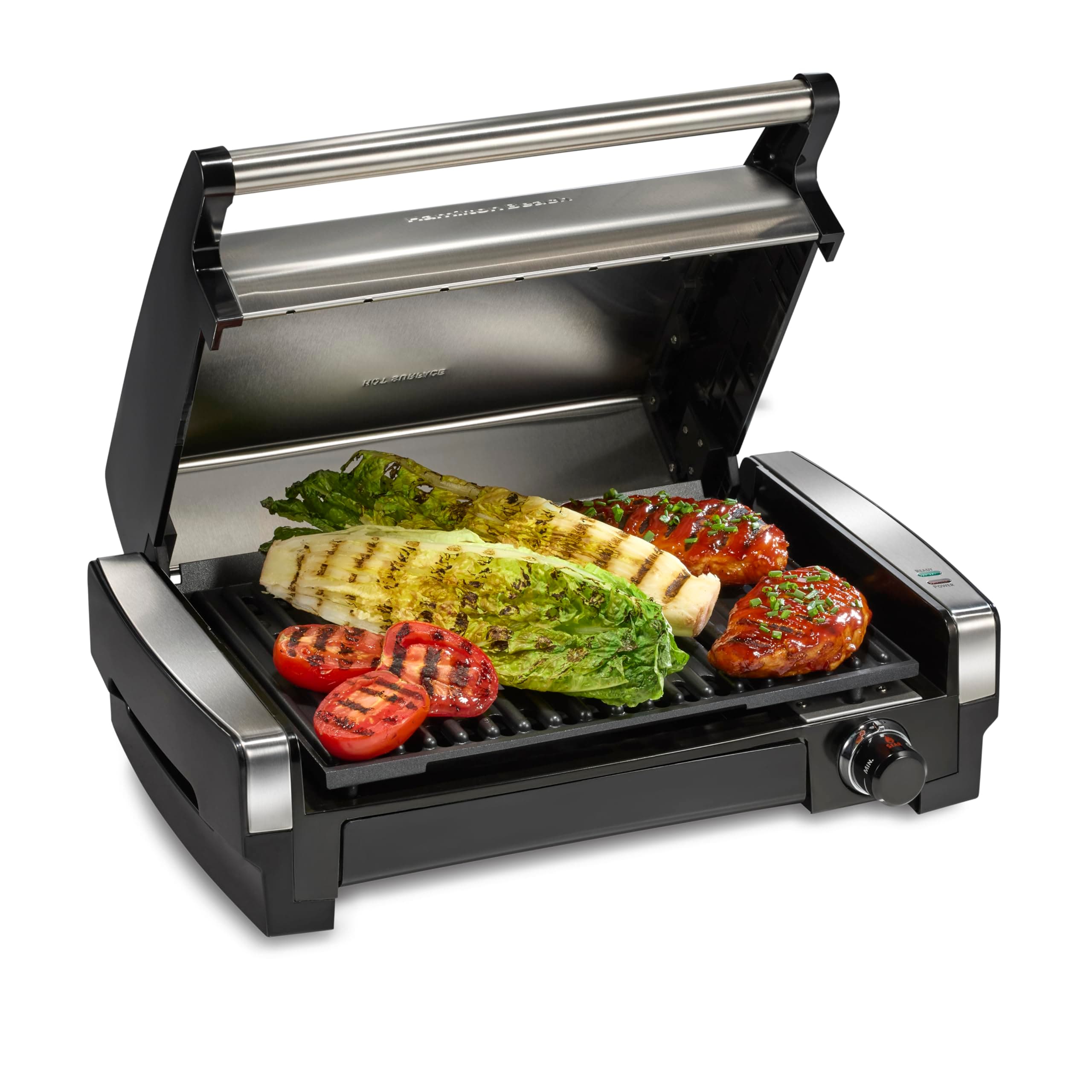 Hamilton Beach Electric Indoor Searing Grill with Adjustable Temperature Control to 450F, 118 sq. in. Surface Serves 6, PFAS-Free Removable Nonstick Grate, Stainless Steel (25360) Stainless Steel 118 sq. in. Surface Serves 6