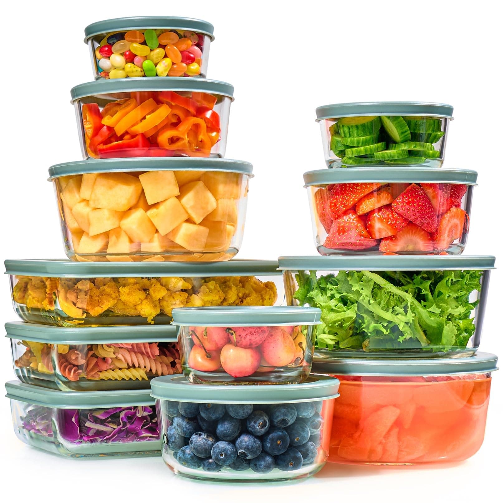 24pc Set Glass Food Storage Containers & Bowls with Airtight Lids - Leakproof BPA-Free Meal Prep Airtight Stackable Lunch Boxes, Kitchen Pantry & Storage Organizers - Microwave Freezer Dishwasher Safe