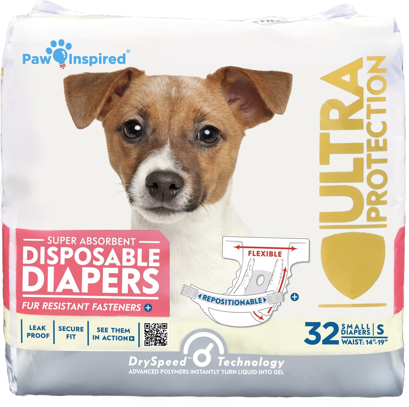 Paw Inspired 32ct Disposable Dog Diapers | Female Dog Diapers Ultra Protection | Diapers for Dogs in Heat, Excitable Urination, or Incontinence (Small) Small (32 Count)