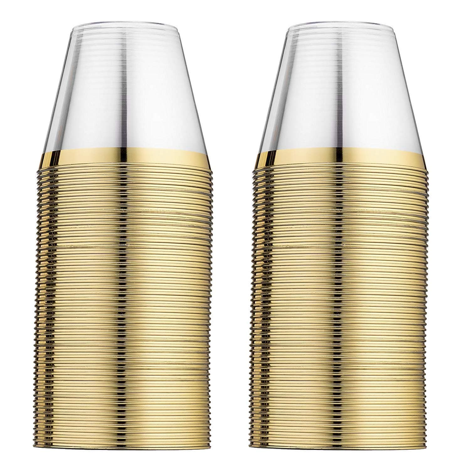 EASERCY 100 Plastic Cups 9 Oz Gold Old Fashioned Tumblers Rimmed for Party Decorations Disposable Clear Wedding Elegant