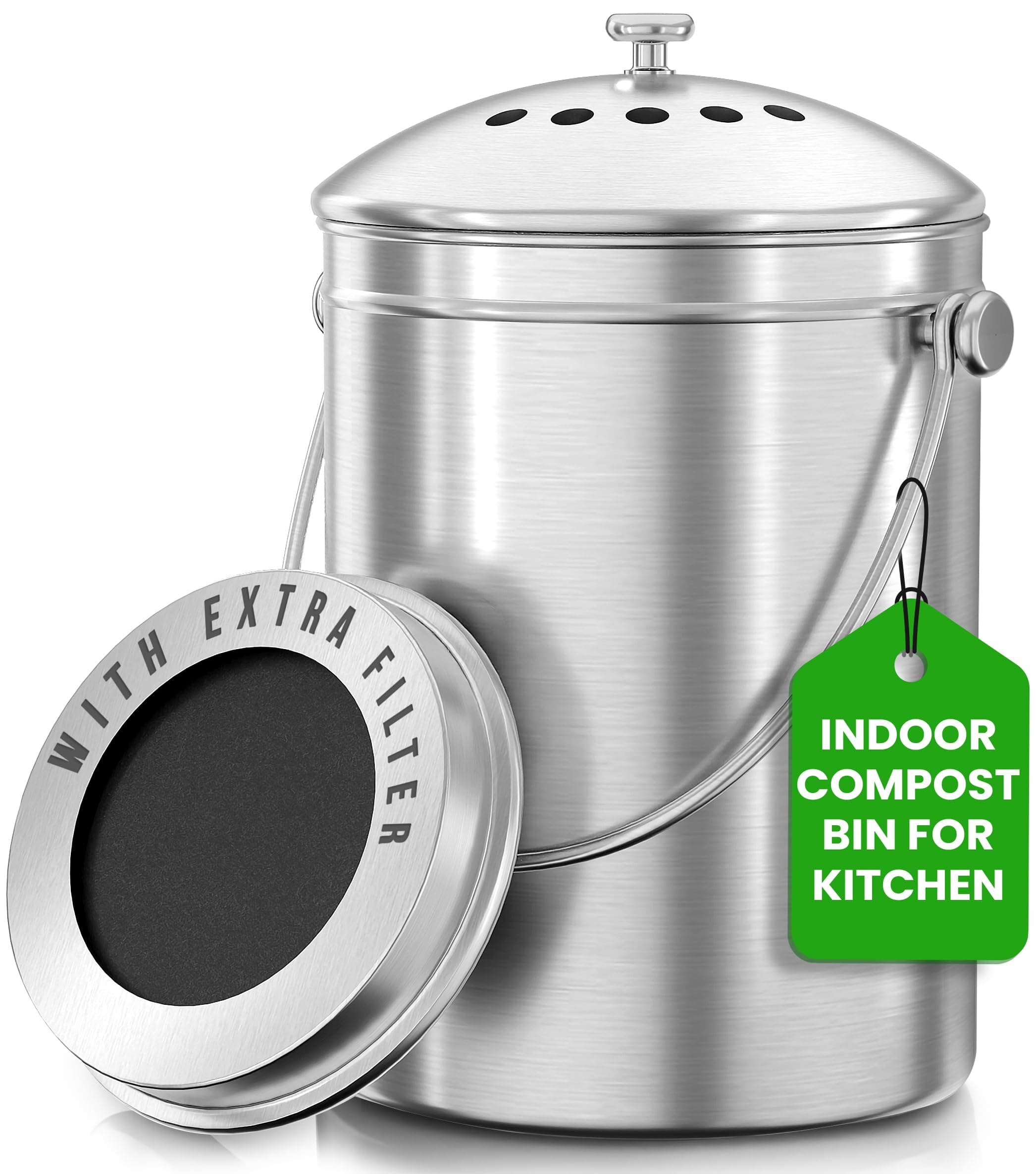 Utopia Kitchen Indoor Compost Bin Kitchen, Odorless Composting with Charcoal Filter, 1.3 Gallon Stainless Steel Large Composter for Countertop & Under Sink, Easy Cleaning, One Extra Filter - (Silver) 1.3 Gallon (Pack of 1) Silver