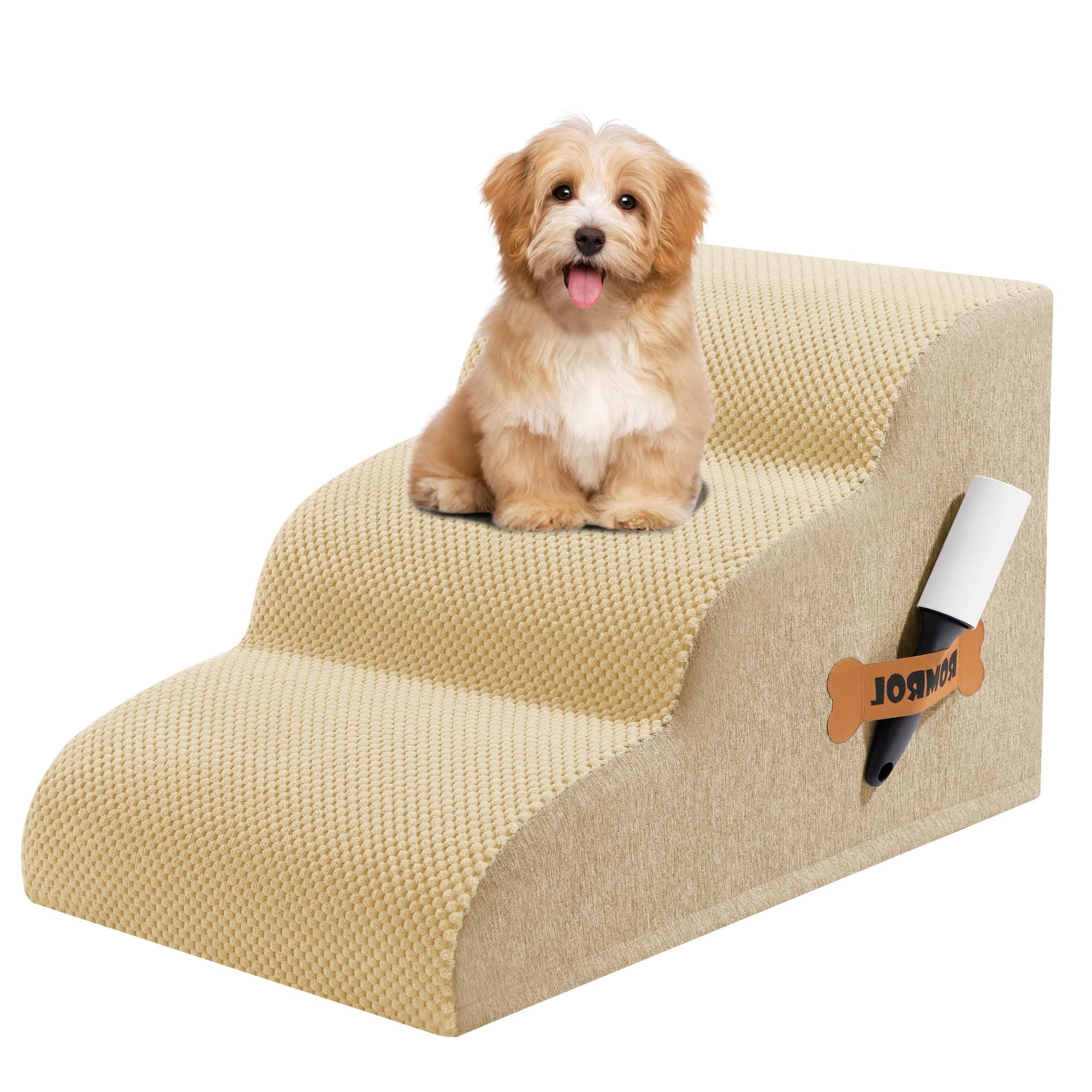 Romrol Dog Stairs Ramp for Beds Couches, Extra Wide Pet Steps with Durable Non-Slip Waterproof Fabric Cover, Dog Slope Stairs for Small Dogs and Cats or Pets Friendly, 3-Tiers, 13 Inch,Beige 3 Step-13.5"H Fleece-Beige