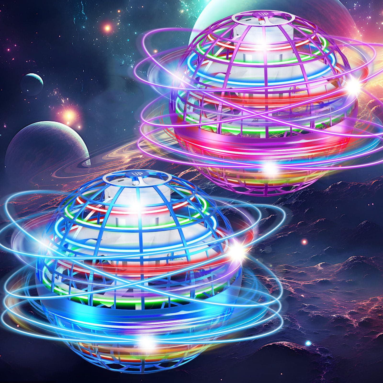 Flying Orb Ball Toy, Hover Hand Mini Drone Cosmic Globe, Fly Spinners for Kids Adults Indoor Outdoor Toys, Cool LED Lights Toys for 6 7 8 9 10+ Years Old Boys Girls Gift Blue and Purple 2 pack