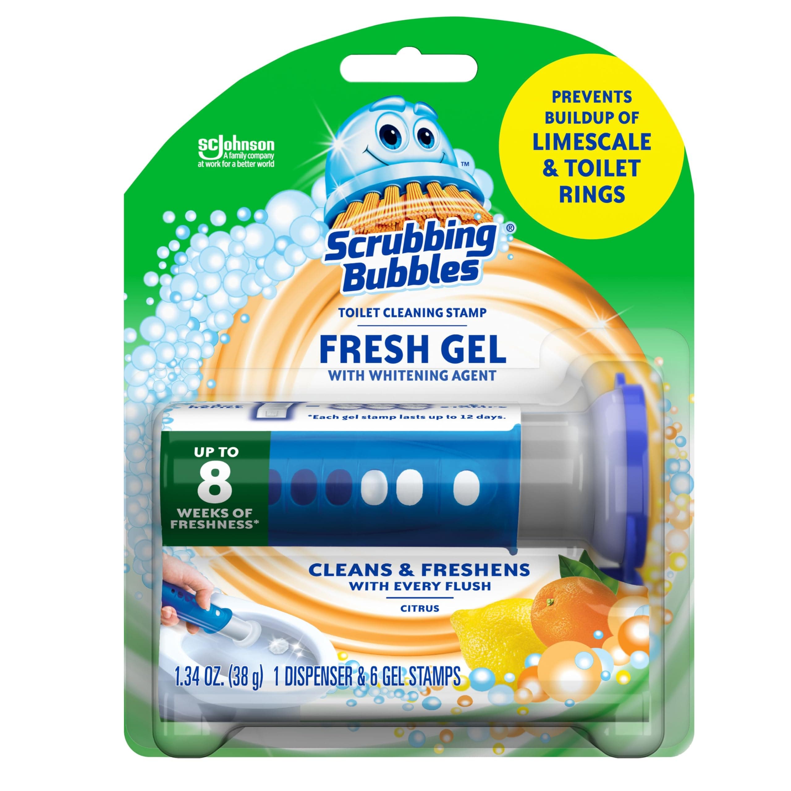 Scrubbing Bubbles Fresh Gel Toilet Bowl Cleaning Stamps, Helps Keep Toilet Clean and Helps Prevent Limescale & Rings, Citrus Scent, 1 Dispenser with 6 Fresh Gel Stamps 1.34 Ounce (Pack of 1)