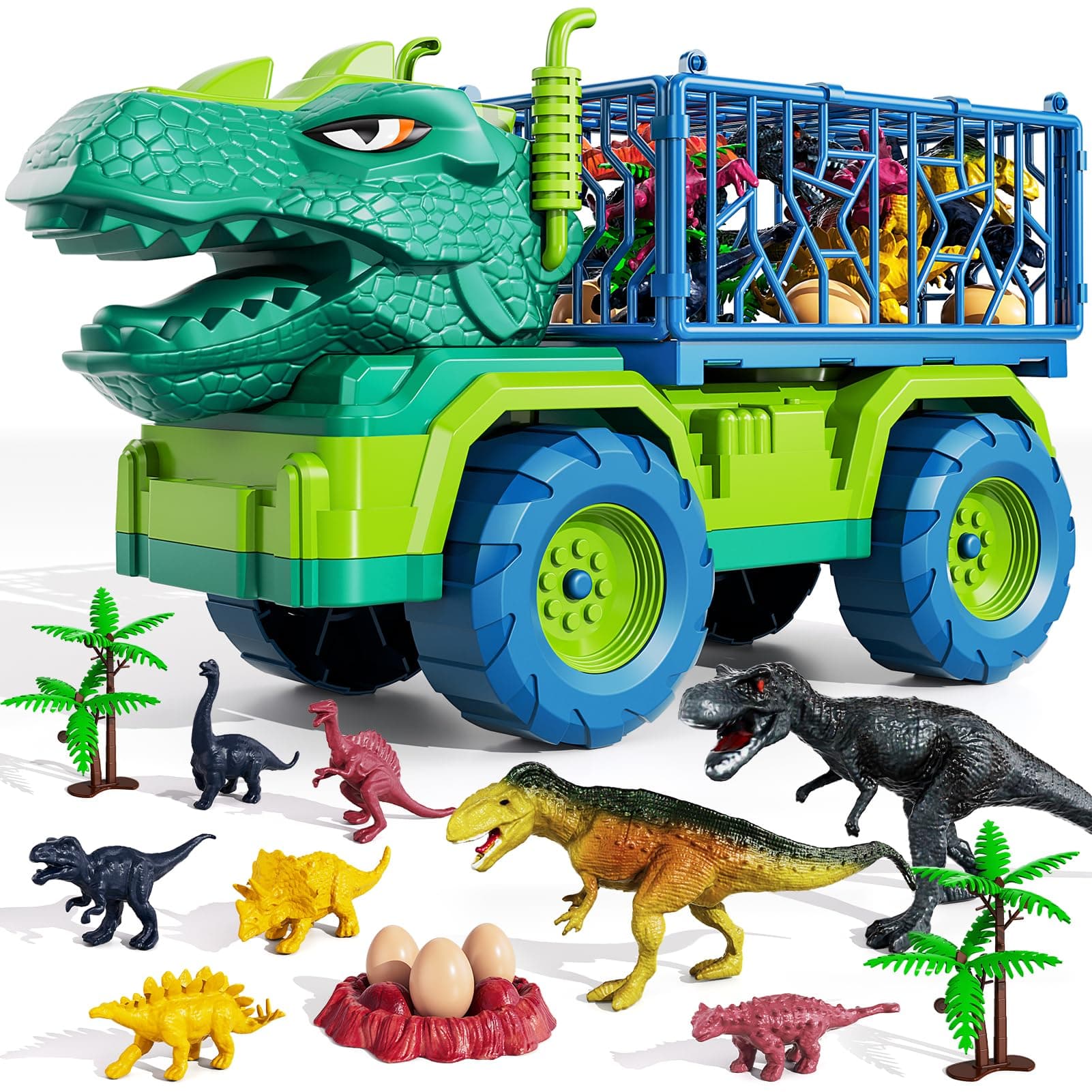 TEMI Dinosaur Truck Toys for Kids 3-5 Years, Tyrannosaurus Transport Car Carrier Truck with 8 Dinosaur Figures, Activity Play Mat, Dinosaur Eggs, Trees, Capture Jurassic Play Set for Boys and Girls a.Tyrannosaurus Truck