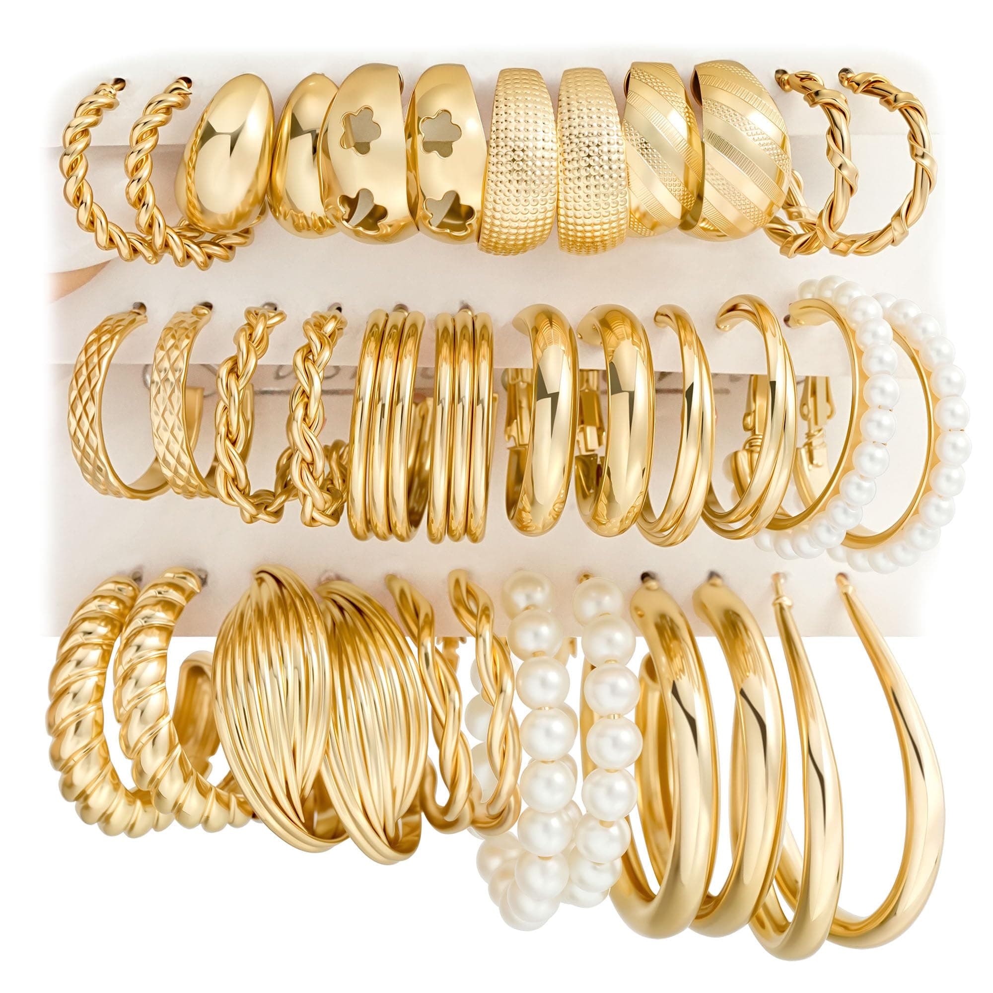 Gold Hoop Earrings Set for Women, 18 Pairs Hypoallergenic Statement Open Pearl Hoops Earring for Multipack, Gold Chunky Hoop Earrings for Women Trendy Jewelry Gold-A-18 pairs