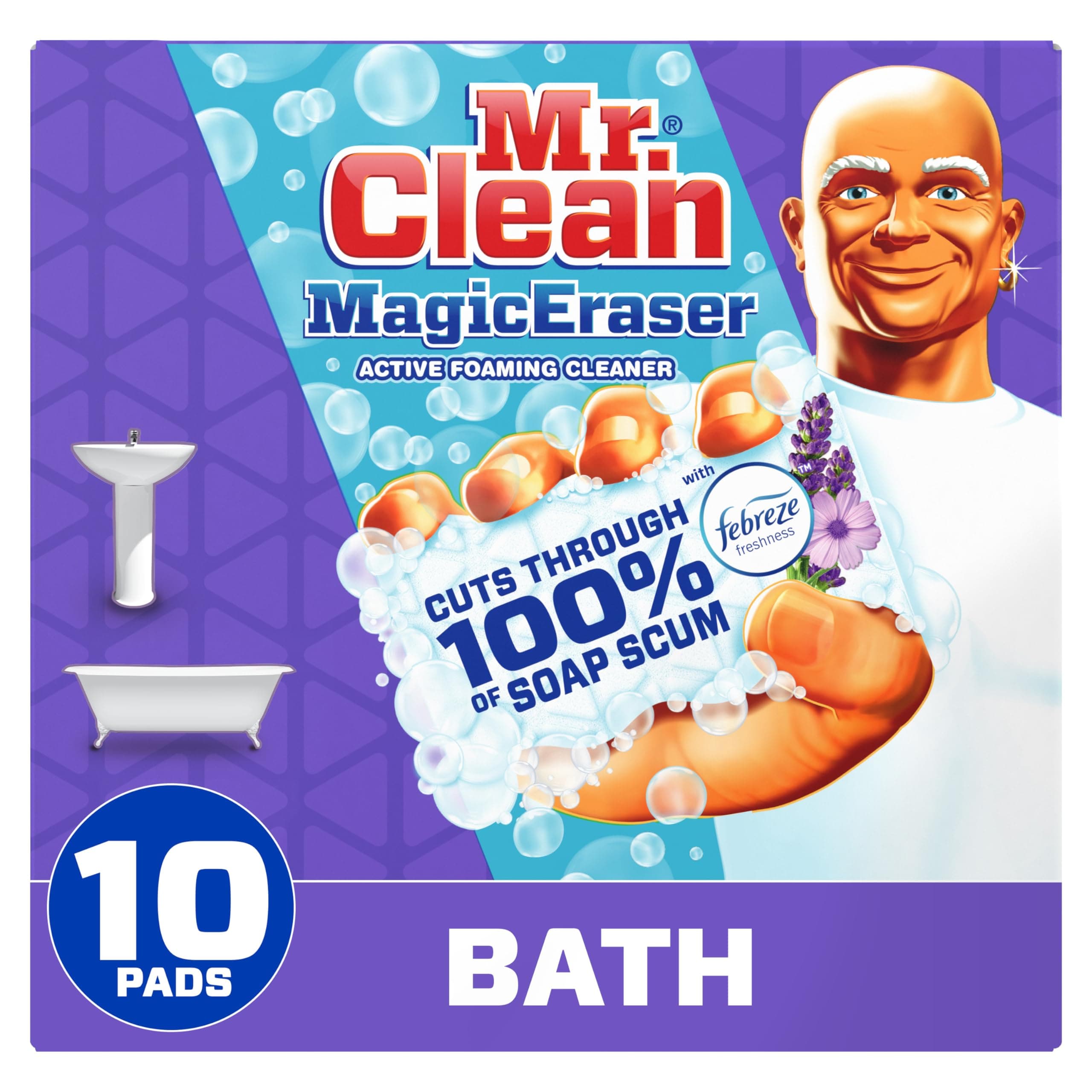 Mr. Clean Magic Eraser, Bathroom, Shower, and Shoe Cleaner with Febreze Lavender Scent, Cleaning Pads with Durafoam, 10 Count 10 Count (Pack of 1) Magic Eraser
