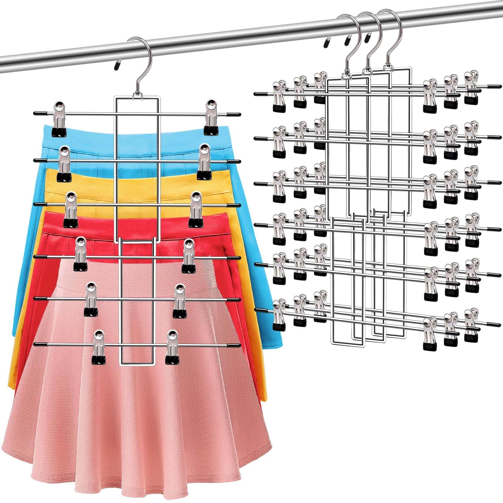 3 Pack Pants-Hangers-Space-Saving,6 Tier-Closet-Organizers-and-Storage Skirt Hangers with Clips,Closet-Organizer-Clothes-Organization-and-Storage Jeans Scarf Hangers,College-Dorm-Room-Essentials Decor 3 Pack-silver