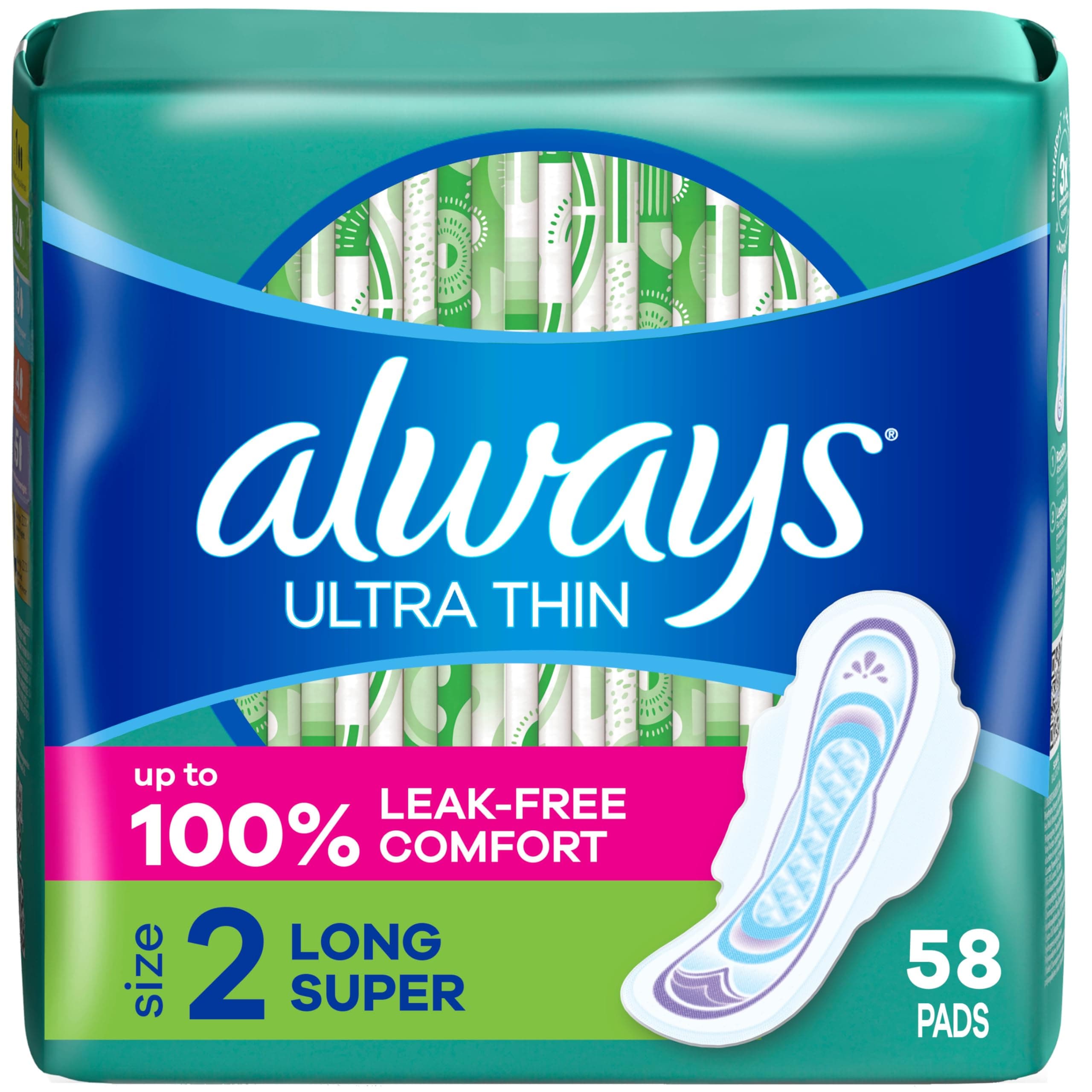 Always Ultra Thin Pads with Wings, Size 2, Long Super, 58 Count Size 2 58
