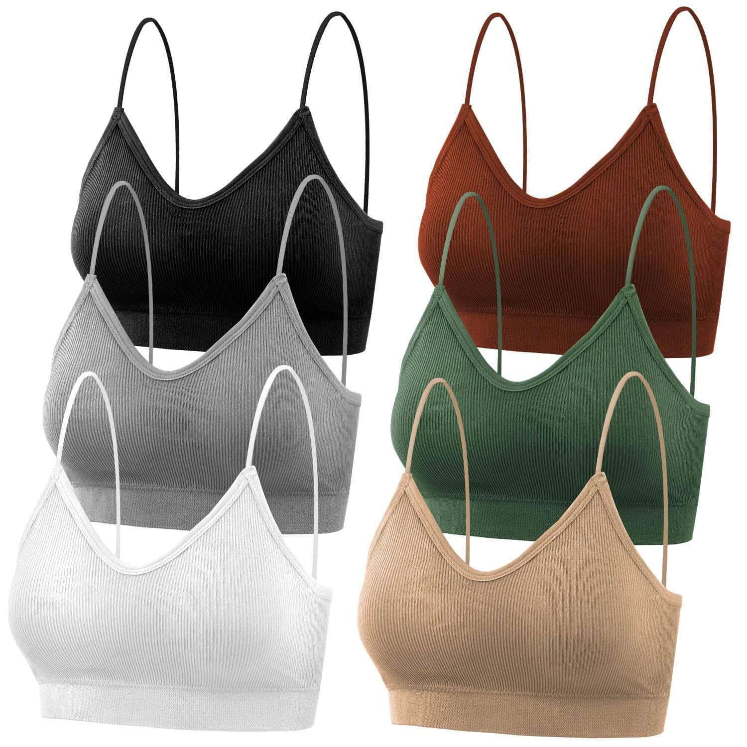 selizo 6 Pcs Sports Bras Pack - V Neck Cami Bralettes for Women Small-Medium Black, White, Green, Gray, Beige, Caramel