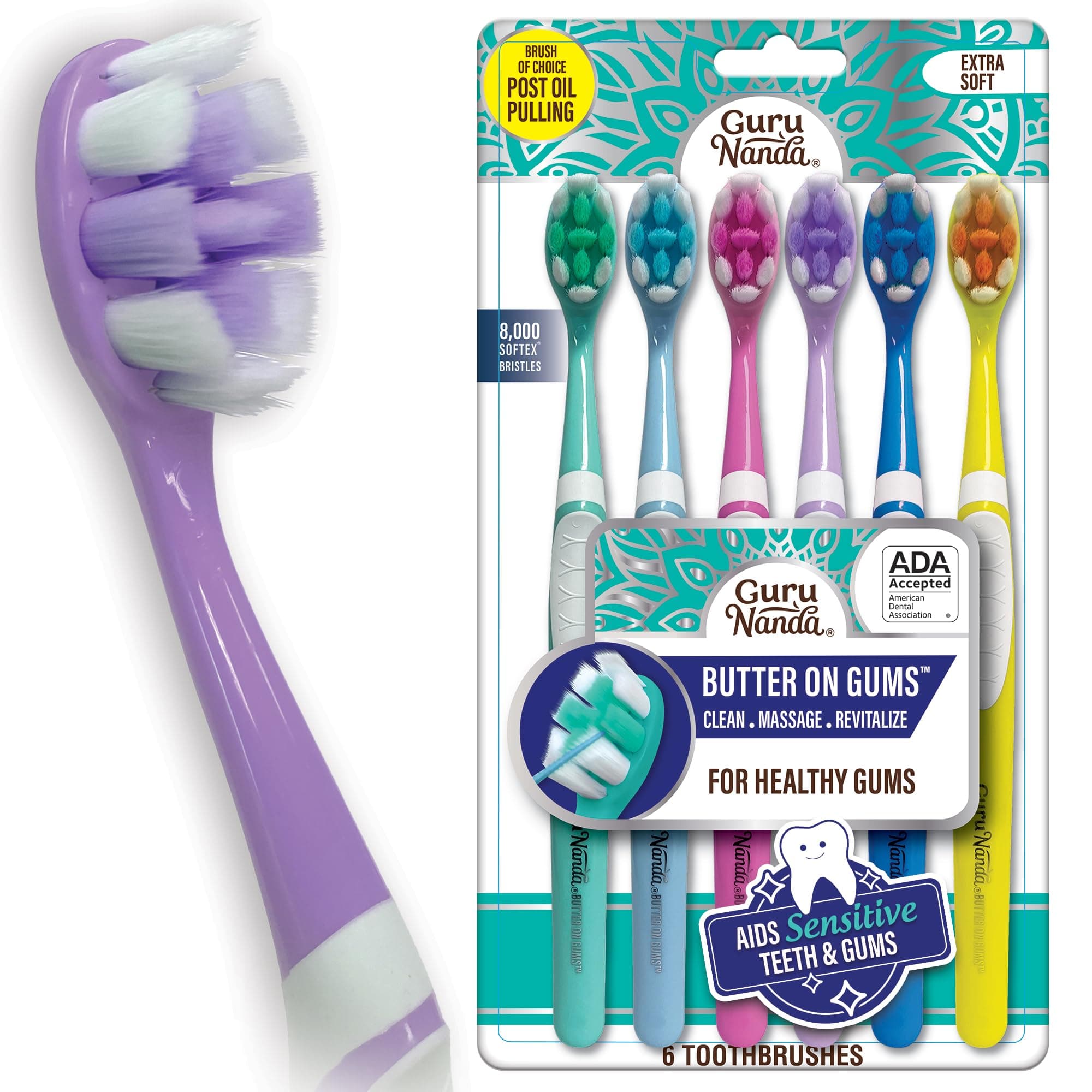GuruNanda Butter On Gums Toothbrush, ADA Accepted, With 8000+ Ultra Soft Softex Bristles for Sensitive & Receding Gums, Perfect for Whiter Teeth, 6 Ct Multicolor 6 Count (Pack of 1)