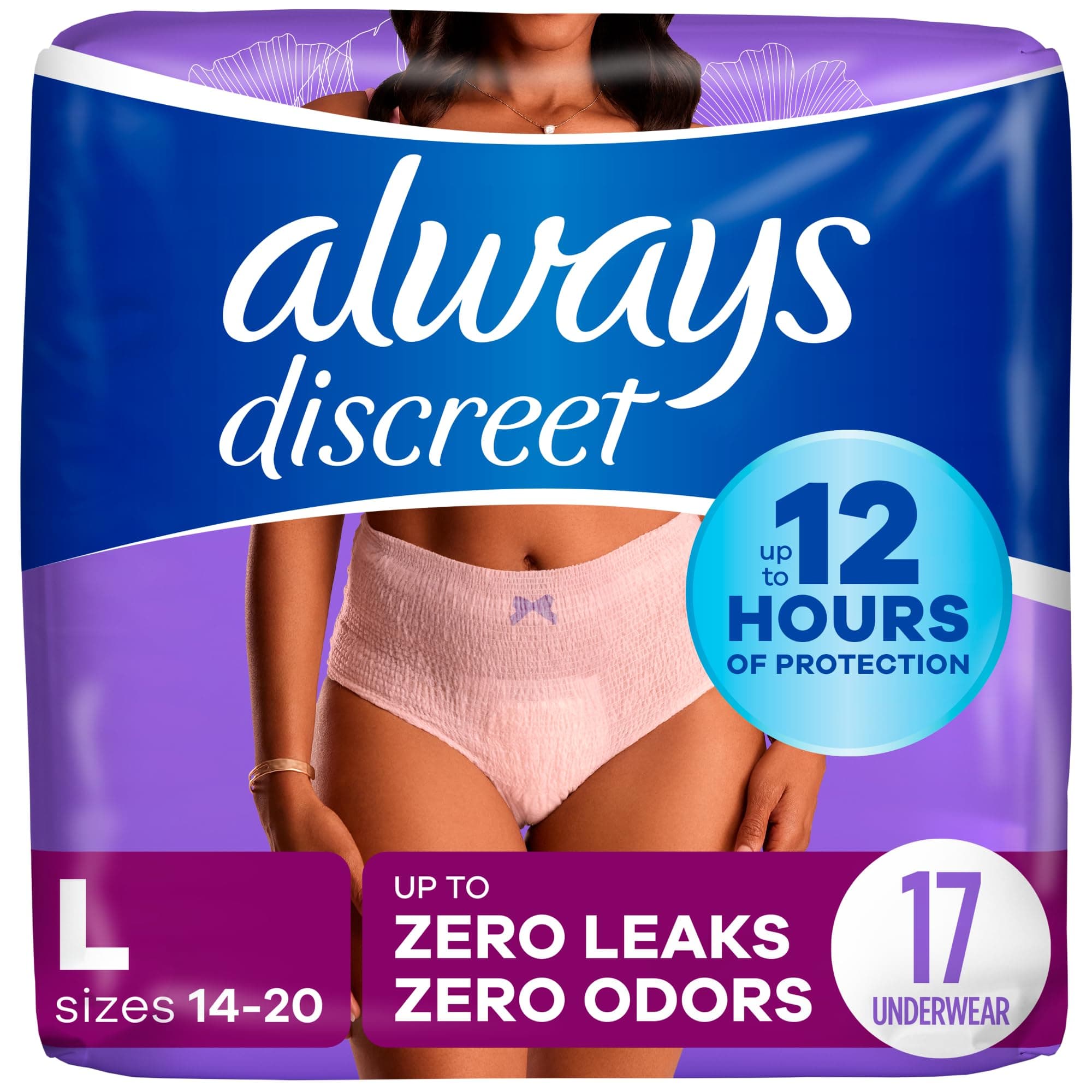 Always Discreet Adult Incontinence & Postpartum Underwear for Women, Maximum, Large, 17 Count (Packaging May Vary) Large 17