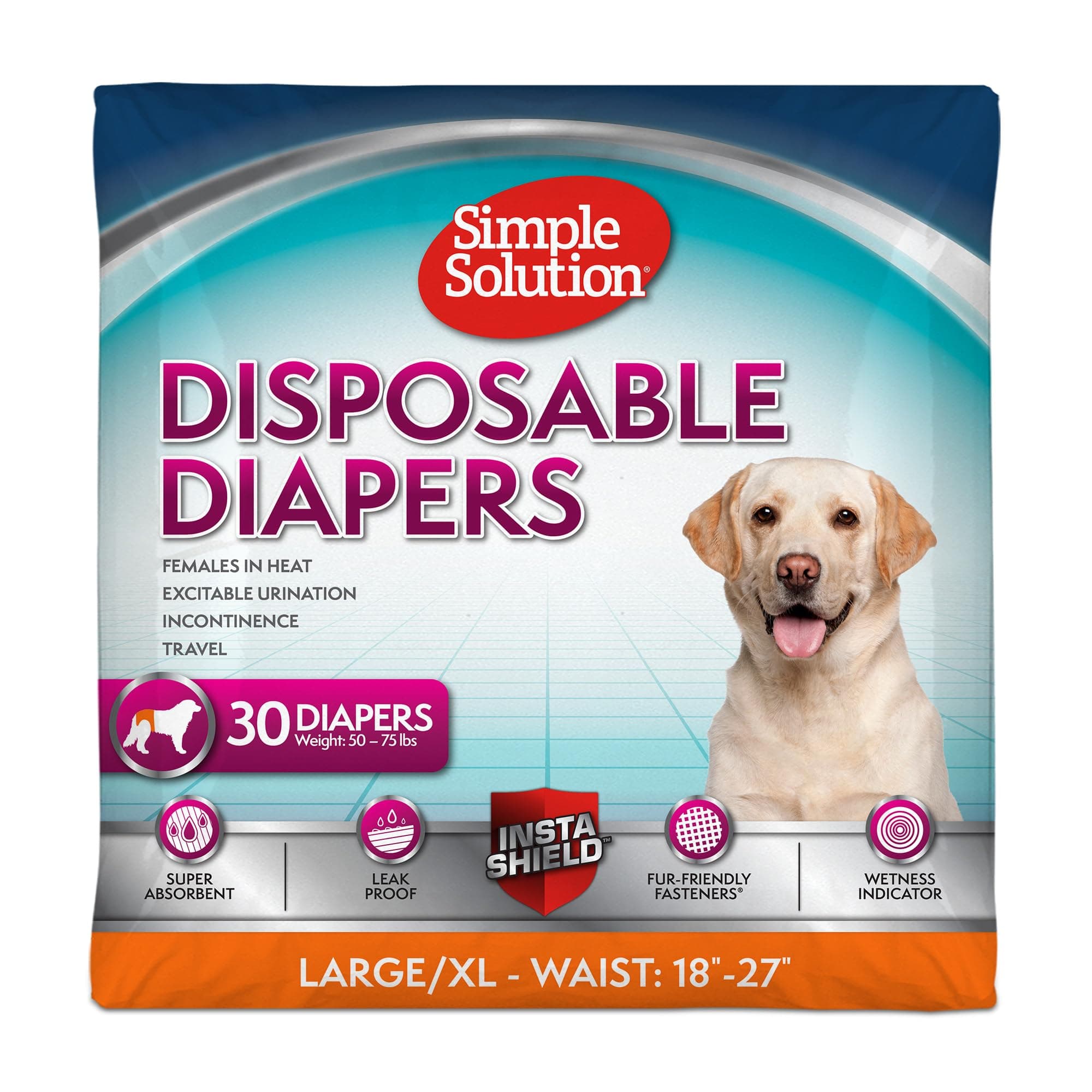 Simple Solution Disposable Dog Diapers, Female Dog Diapers, Puppy Potty Training, Incontinence and Heat Cycle Protection, Large Diapers for Dogs, 18-27 Inch Waist, 30 Count 30 Count L/XL