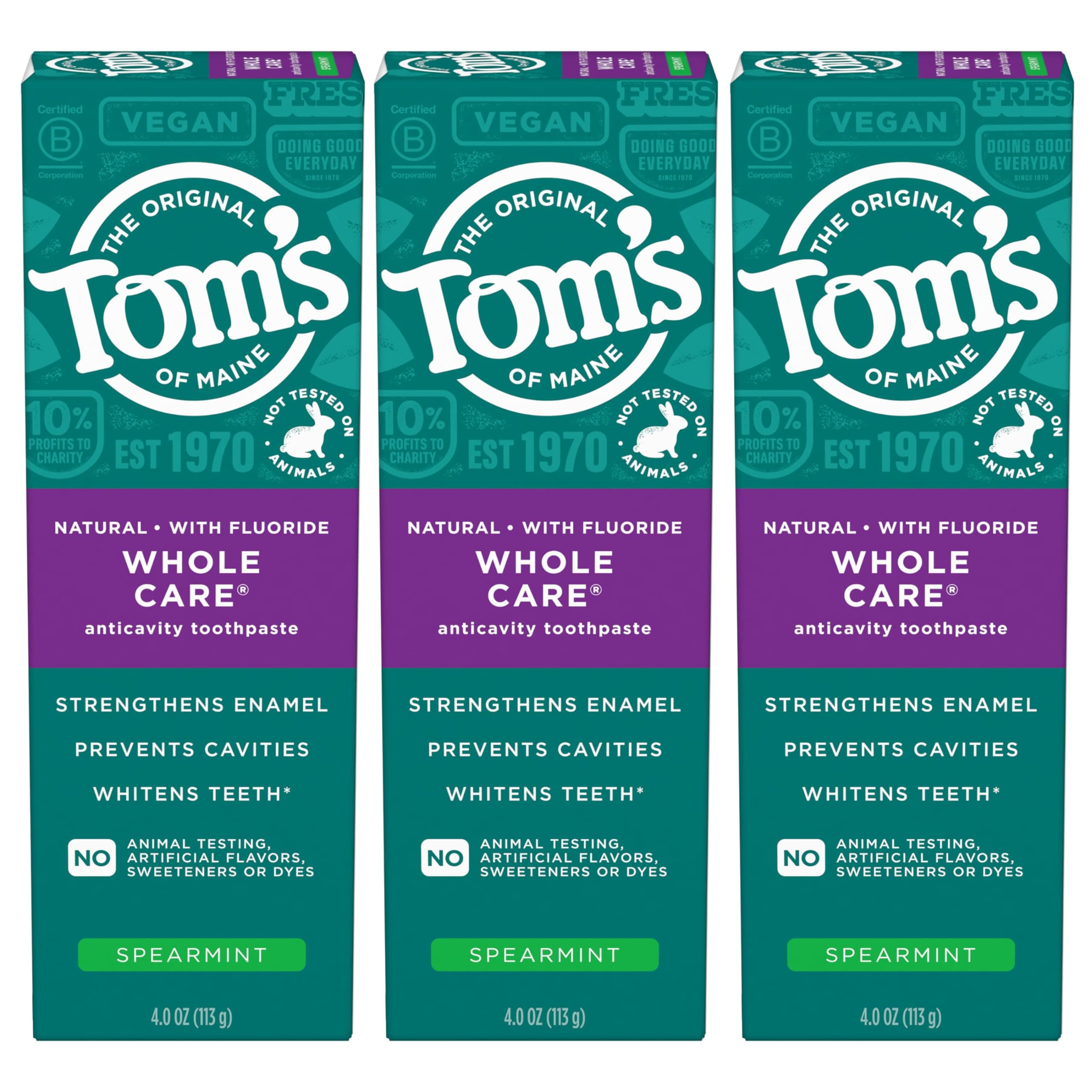 Tom's of Maine Whole Care Natural Toothpaste with Fluoride, Spearmint, 4 Ounce (Pack of 3), (Packaging May Vary) Spearmint 4 Ounce (Pack of 3)