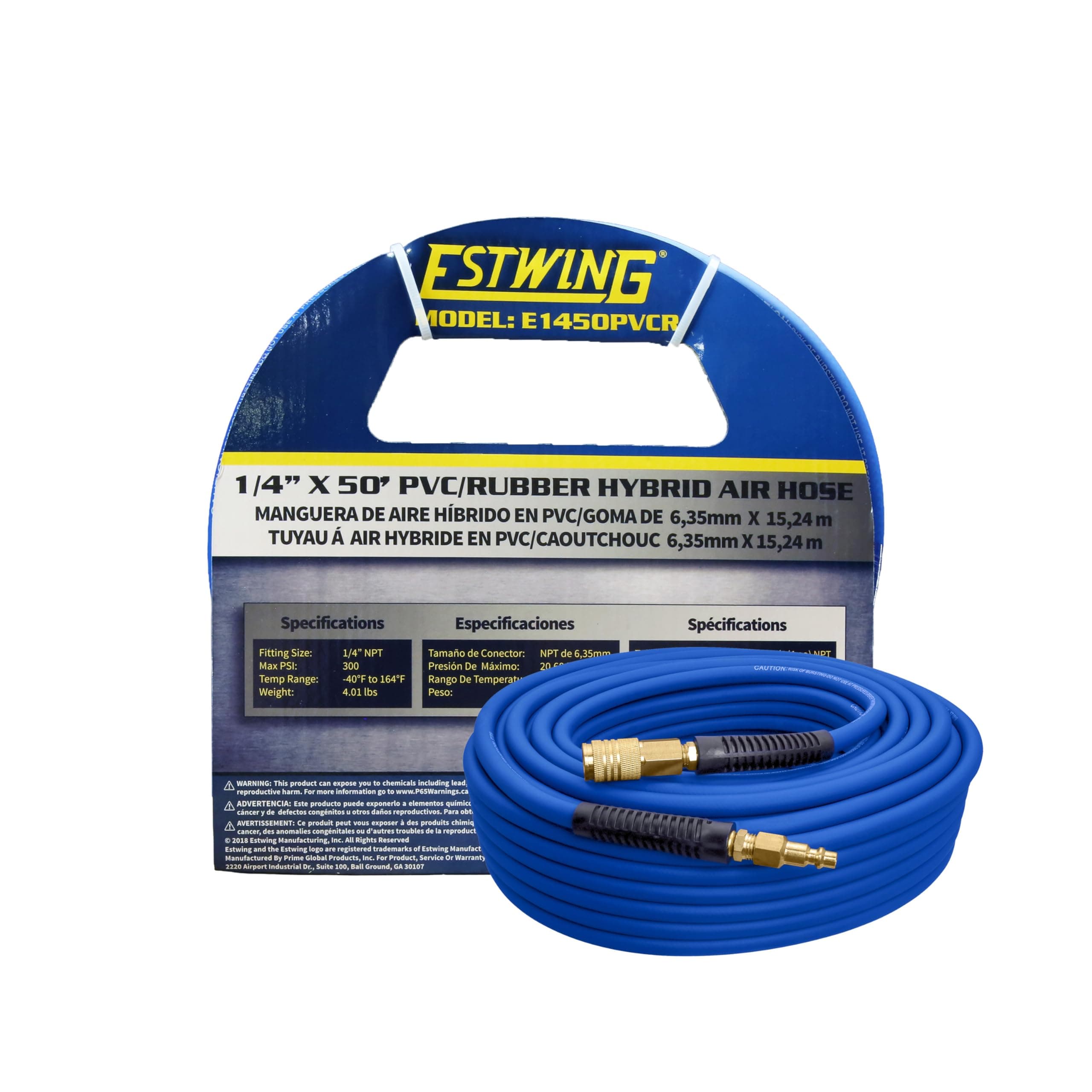 Estwing E1450PVCR 1/4" x 50' PVC / Rubber Hybrid Air Hose with Brass 1/4" NPT Industrial Fitting and Universal Quick Connect Coupler 1/4" x 50’ Air Hose