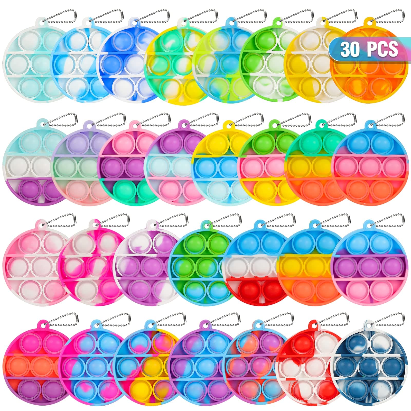 Pop Fidget Toys Bulk Its Party Favors for Kids 4-8 8-12 30 PCS Mini Pop Keychain It Sensory Fidget Toy Pack Fidgets for Classroom Prizes Students Kids Carnival Birthday Goodie Bag Stuffers Fillers 30PCS Round Keychain