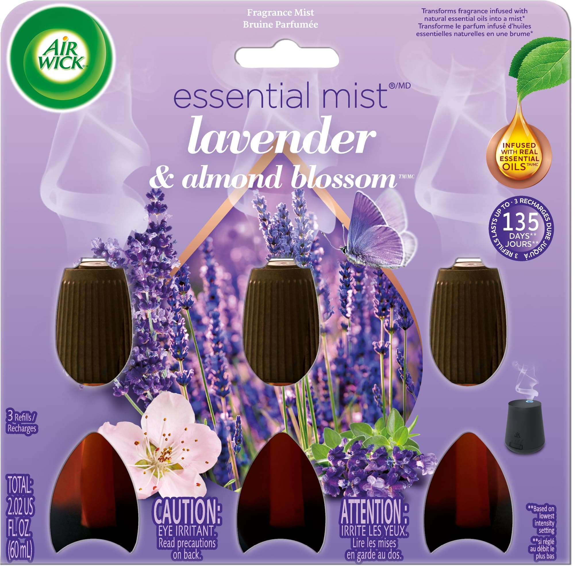 Air Wick Essential Mist Refill, 3 ct, Lavender and Almond Blossom, Essential Oils Diffuser, Air Freshener 2.02 Fl Oz (Pack of 1) Lavender & Almond Blossom