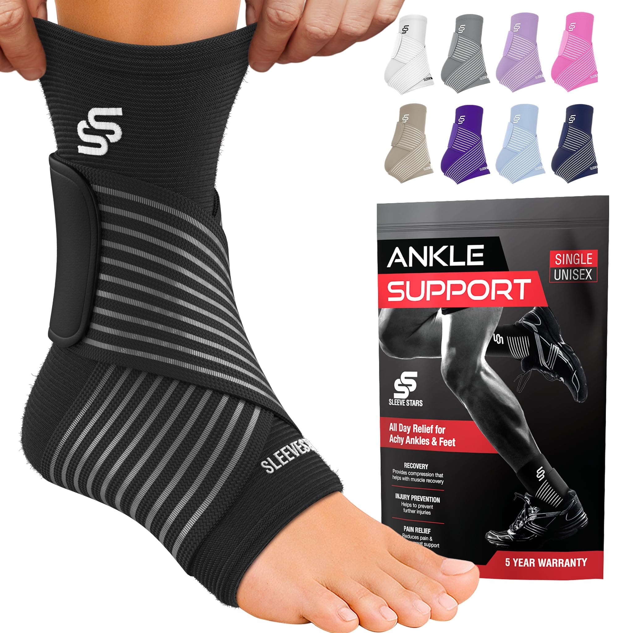 Sleeve Stars Ankle Brace for Women & Men, Ankle Wrap for Sprain, Compression Sleeve for Plantar Fasciitis Relief, Easy Customizable Support: w/ Removable Strap (Single/M:10"-12"/Black) Medium Black 1