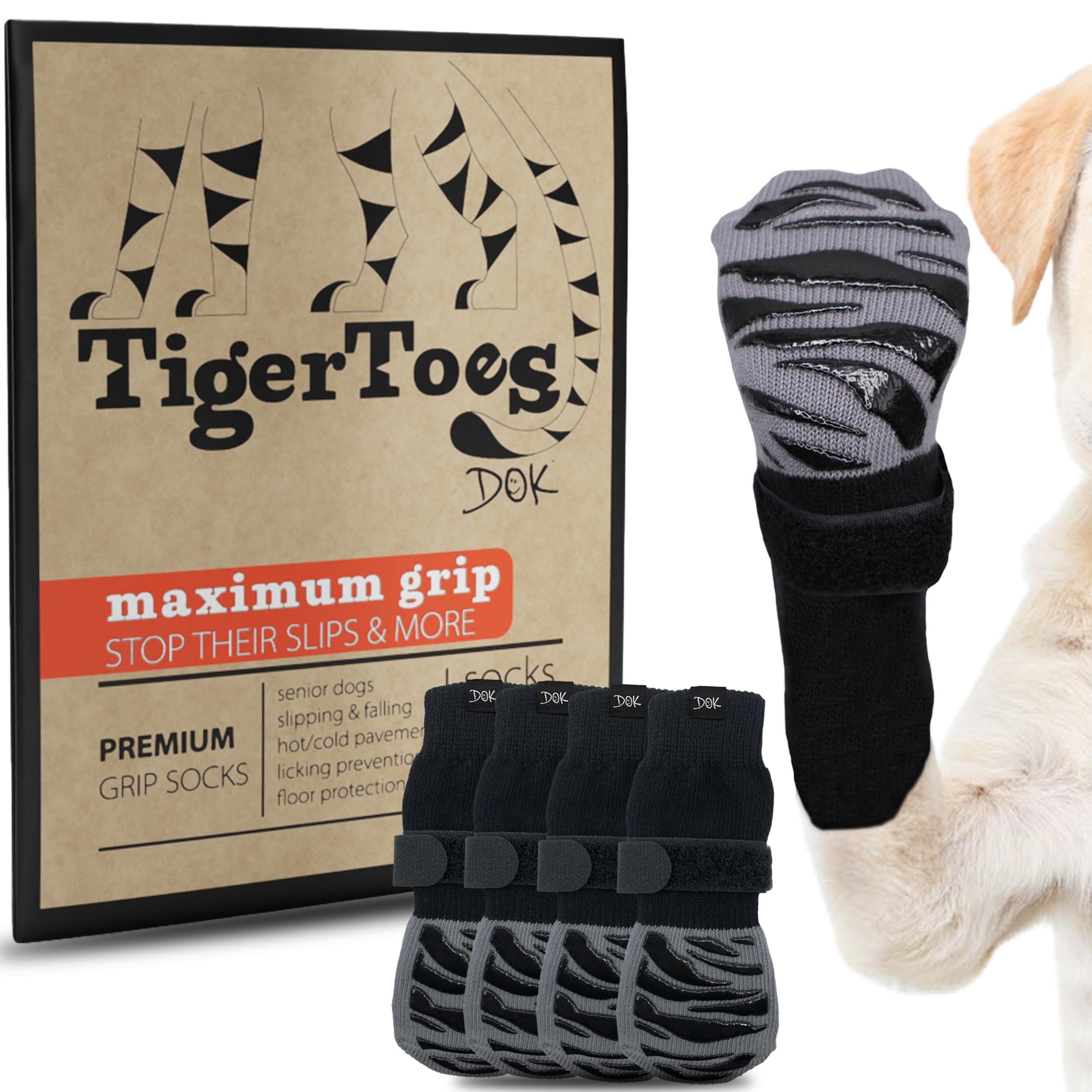 DOK TigerToes Premium Non-Slip Dog Socks for Hardwood Floors - Extra-Thick Grip That Works Even When Twisted - Prevents Licking, Slipping, and Great for Dog Paw Protection - Size Large Classic Grey Large