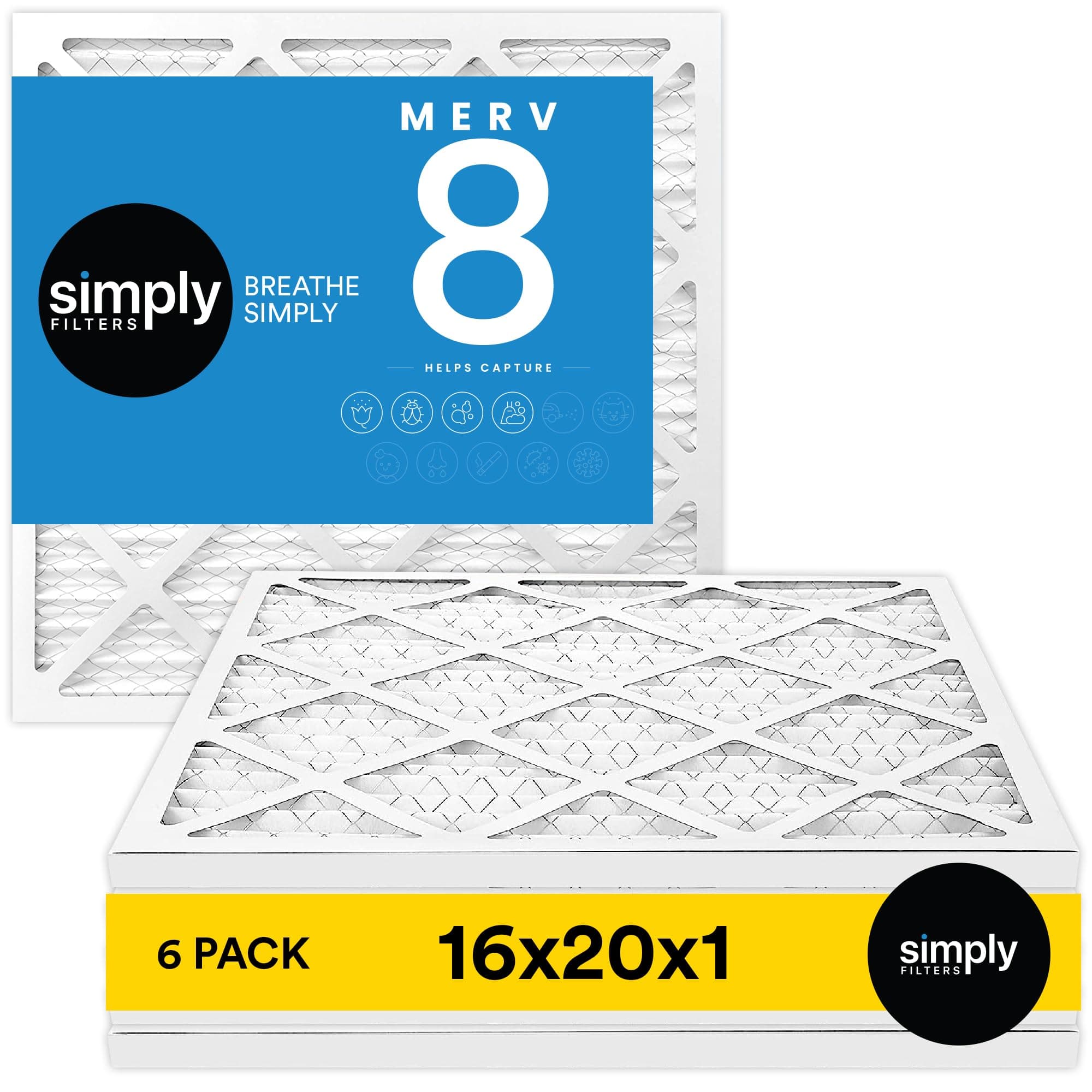 Simply 16x20x1 Air Filter, MERV 8, 6 Pack, For Home AC Furnace & HVAC (Actual Size: 15.75"x19.75"x0.75") DUST, Pet, & Allergy Control