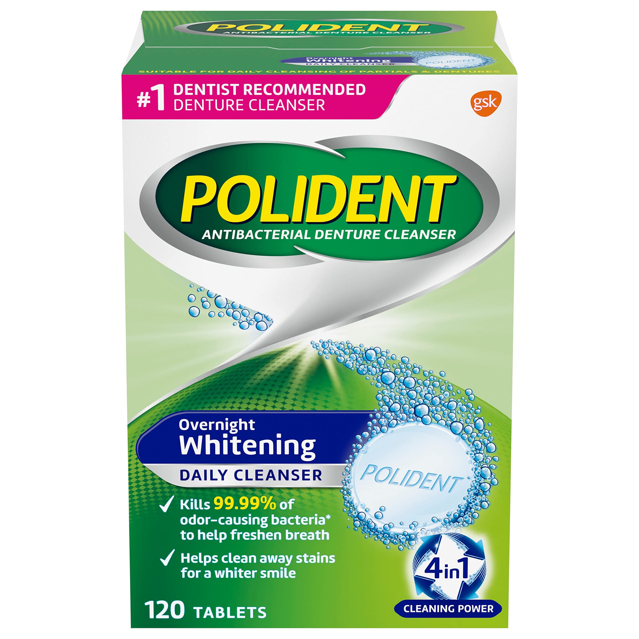 Polident Overnight Whitening Denture Cleanser Tablets - 120 Count 120 Count (Pack of 1) New Tablets