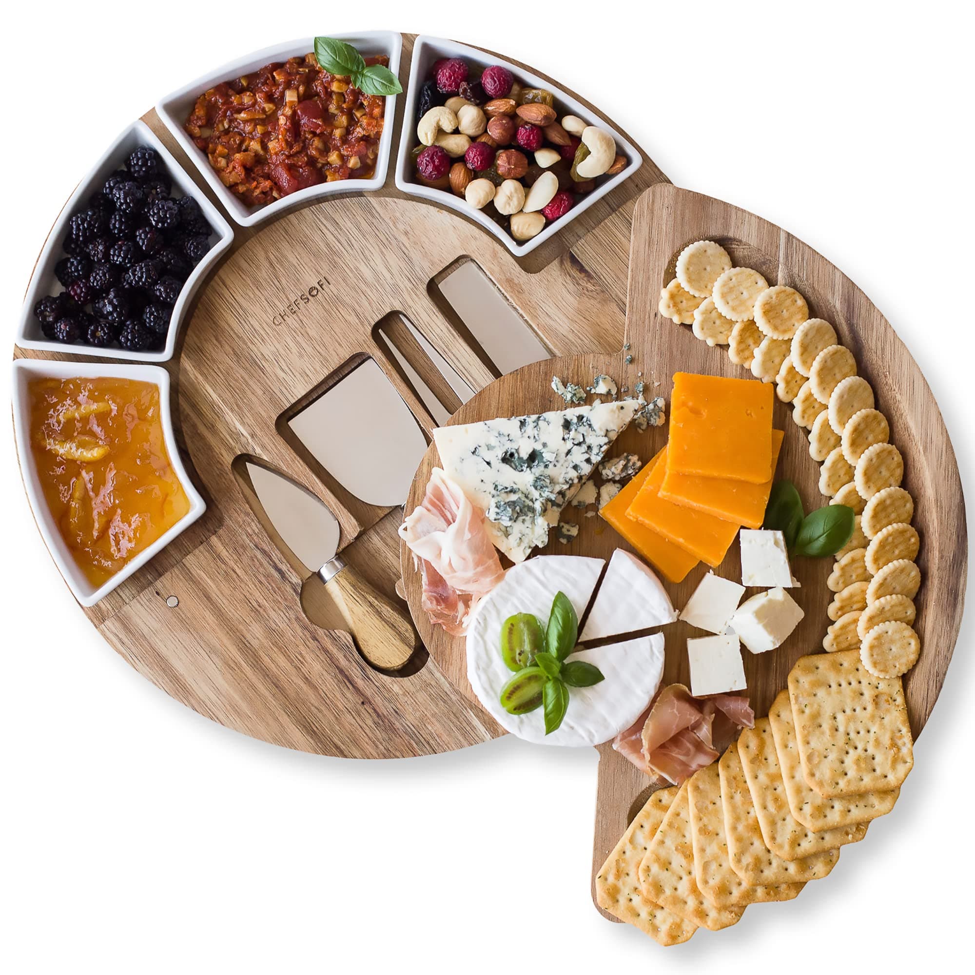 ChefSofi Charcuterie Board Set and Cheese Serving Platter - Made from Acacia Wood - US Patented 13 inch Cheese Board and Knife Set for Entertaining and Serving - 4 Knives and 4 Bowls 13 inch Acacia
