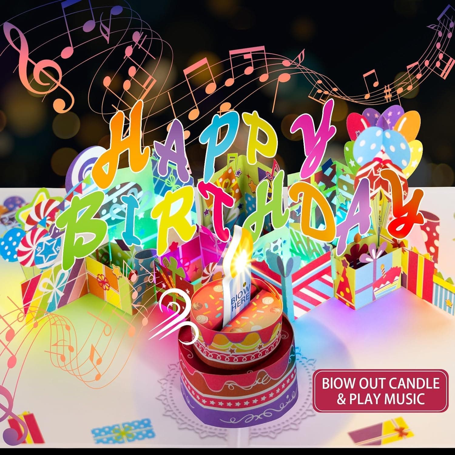 3D PopUp Birthday Cards, 1-100 Age Luxury Blowable LED Light Candle Cake Music Happy Birthday Card Postcards Greeting Cards Birthday Gifts Decorations for Women, Man, Mom, Wife, Husband, Boy, Girl All Ages