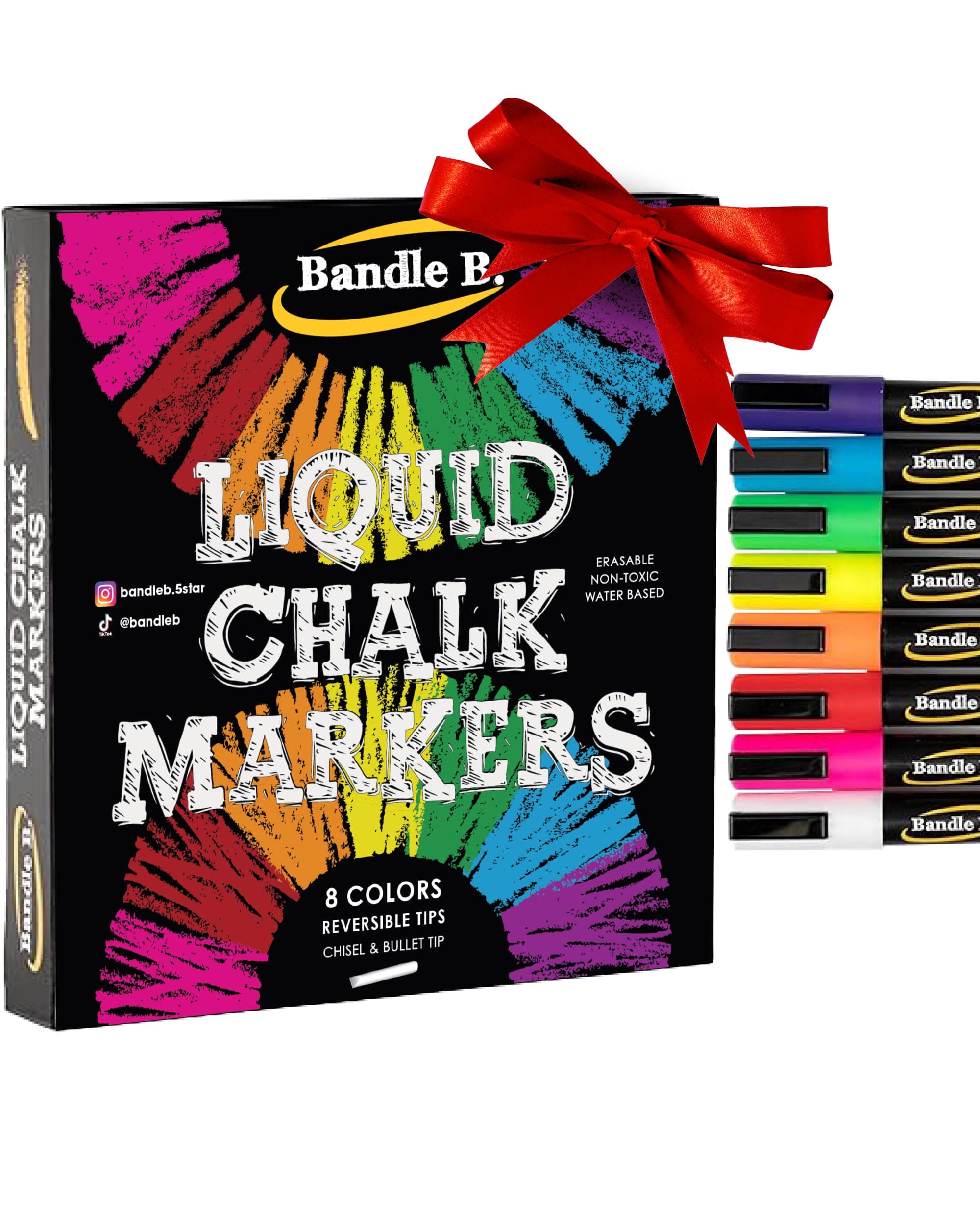 Bandle B. Chalk Markers - 8 Vibrant, Erasable, Non-Toxic, Water-Based, Reversible Tips. For Glass or Chalkboard Markers for Businesses, Restaurants, Liquid Drawing Chalk (Vibrant 6mm)