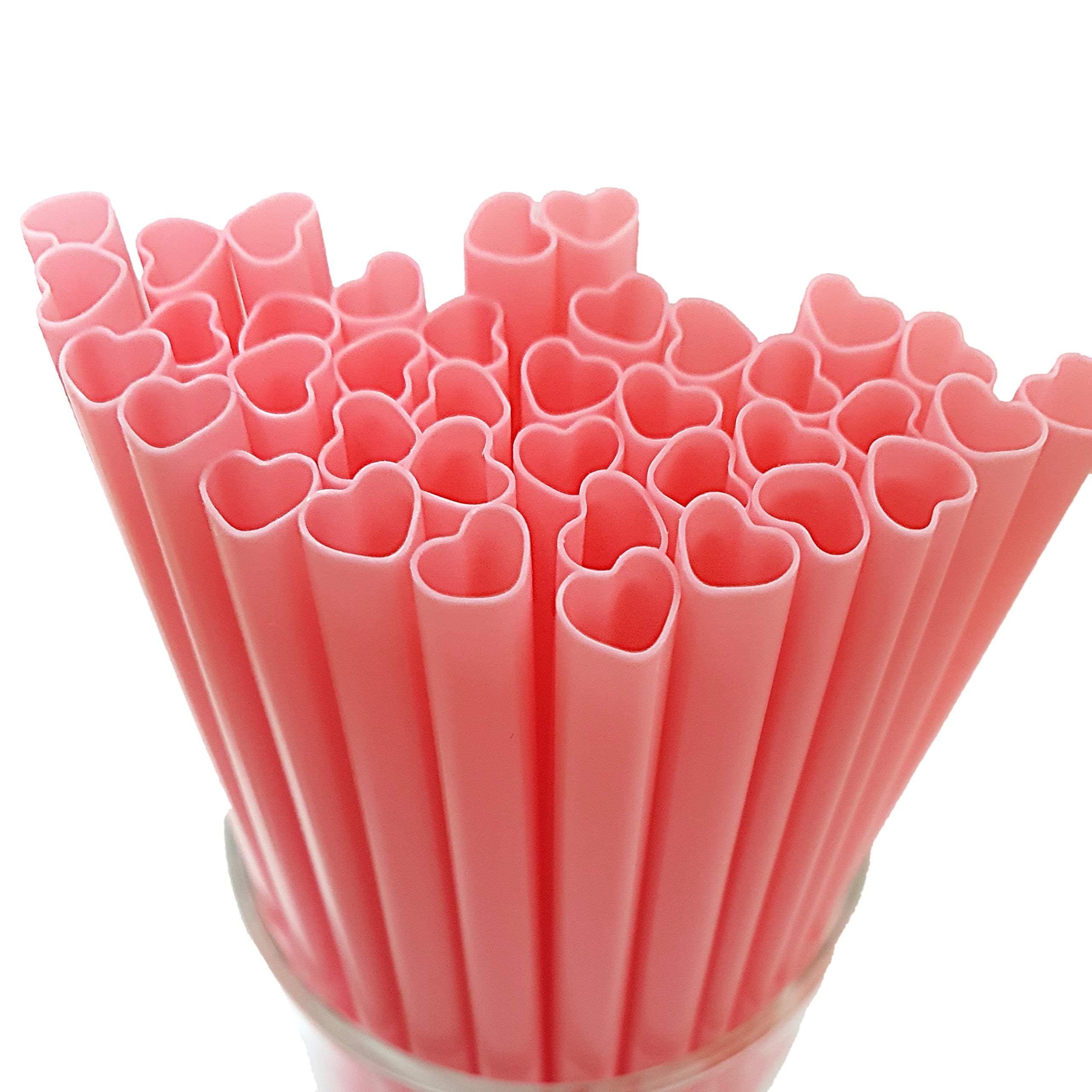 100pcs Heart Shaped Pink Straws Disposable Drinking Cute Straw Individually Wrapped Pink Plastic Straw Galentines Day, Cocktail, Birthday Party, Bridal Shower, Wedding Decorations Pink 100
