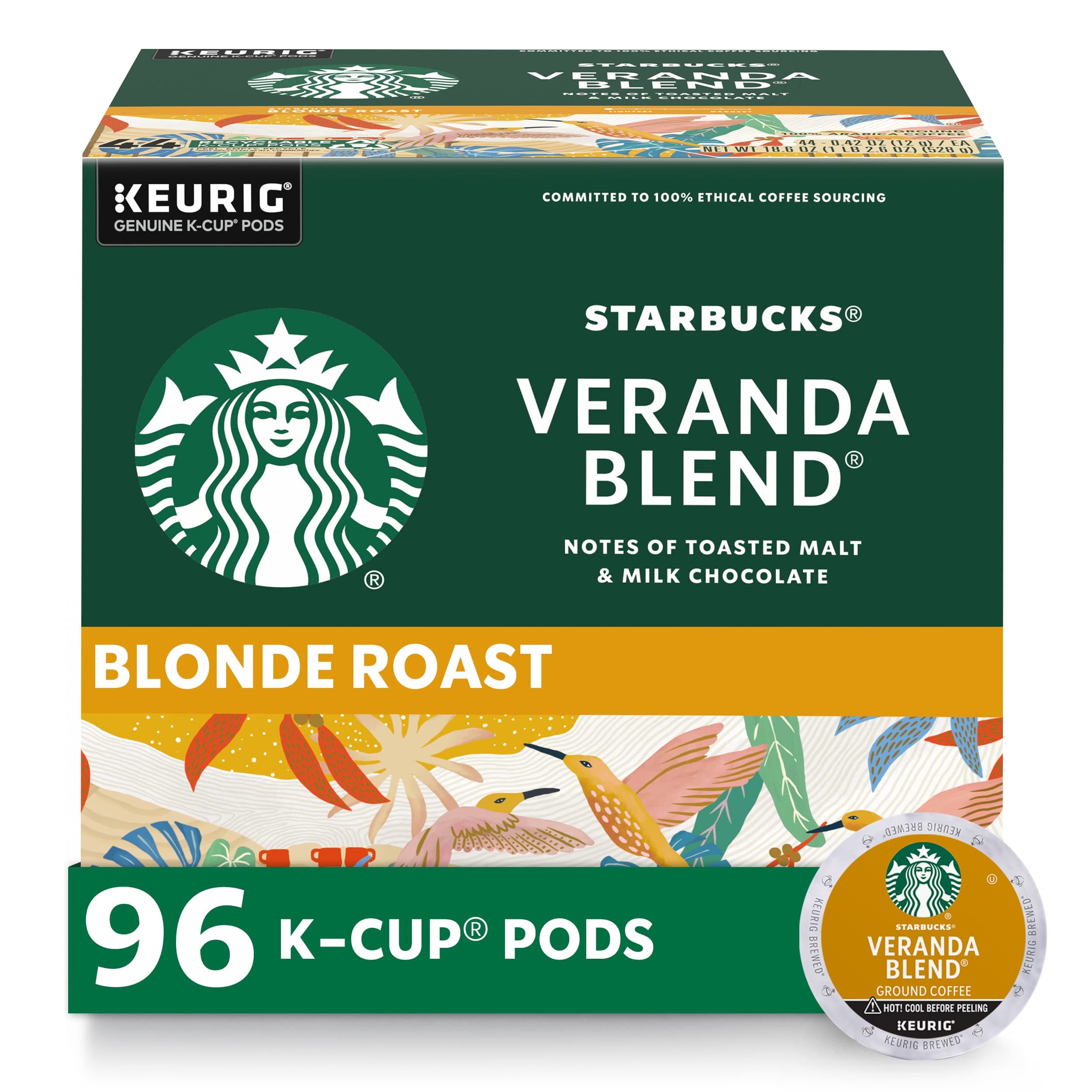 Starbucks K-Cup Coffee Pods, Starbucks Blonde Roast Hot or Iced Coffee, Veranda Blend, 96 Keurig Pods Veranda 24 Count (Pack of 4)