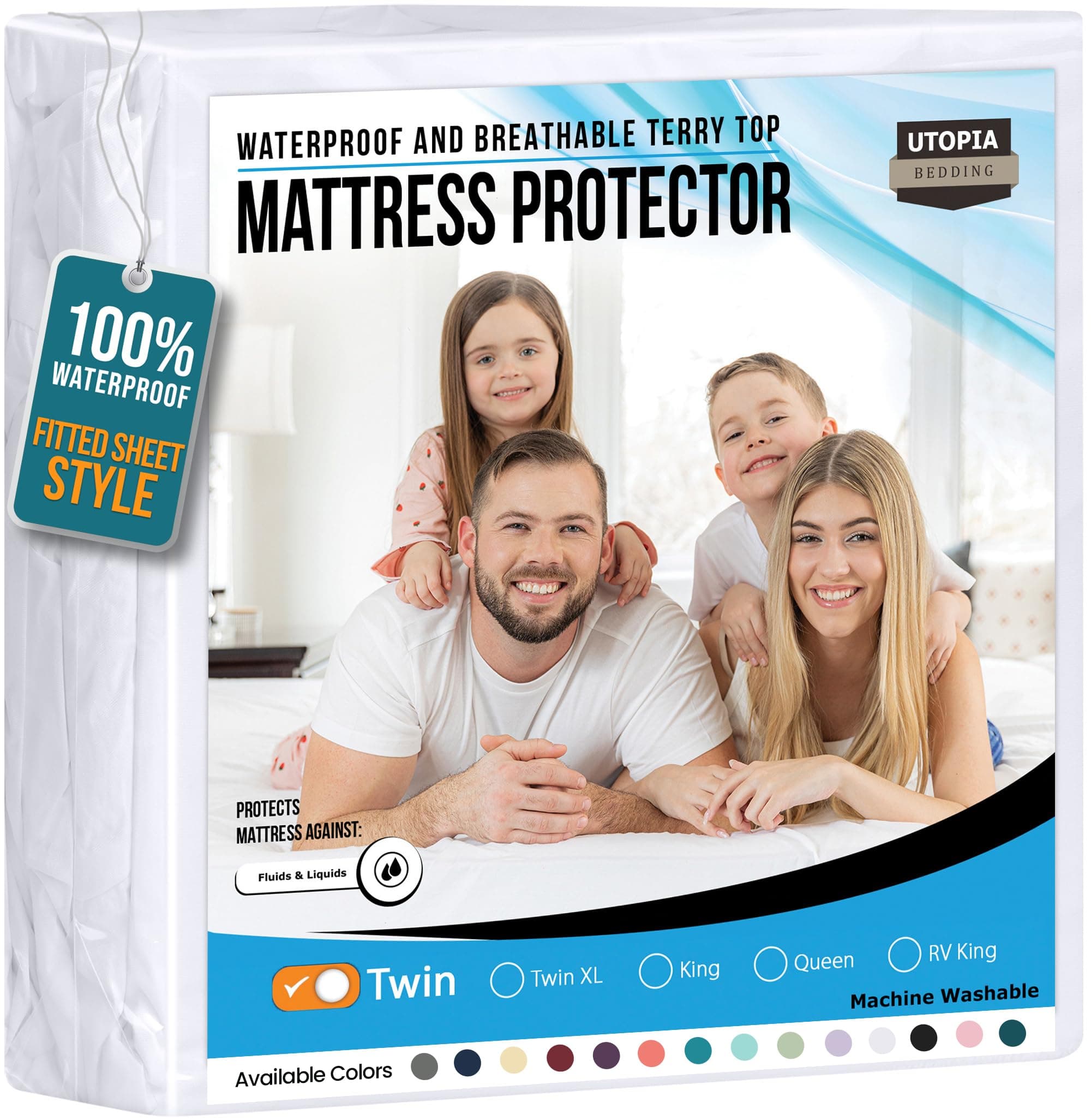 Utopia Bedding Waterproof Mattress Protector Twin Size, Premium Terry Mattress Cover 200 GSM, Breathable, Fitted Style with Stretchable Pockets (White) White Twin