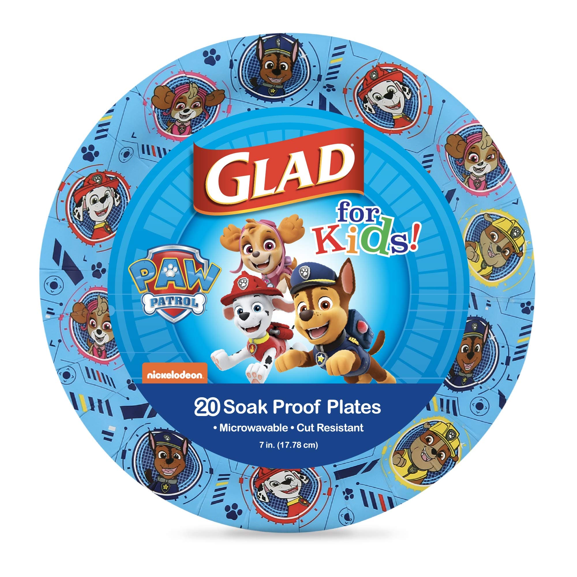 Glad for Kids Paw Patrol Round Disposable Paper Plates, Core Pups Blue - Heavy Duty, Soak Proof, Microwavable Plates for Everyday Use, 7 Inch, 20 Count Blue 7 Inch - 20 Count