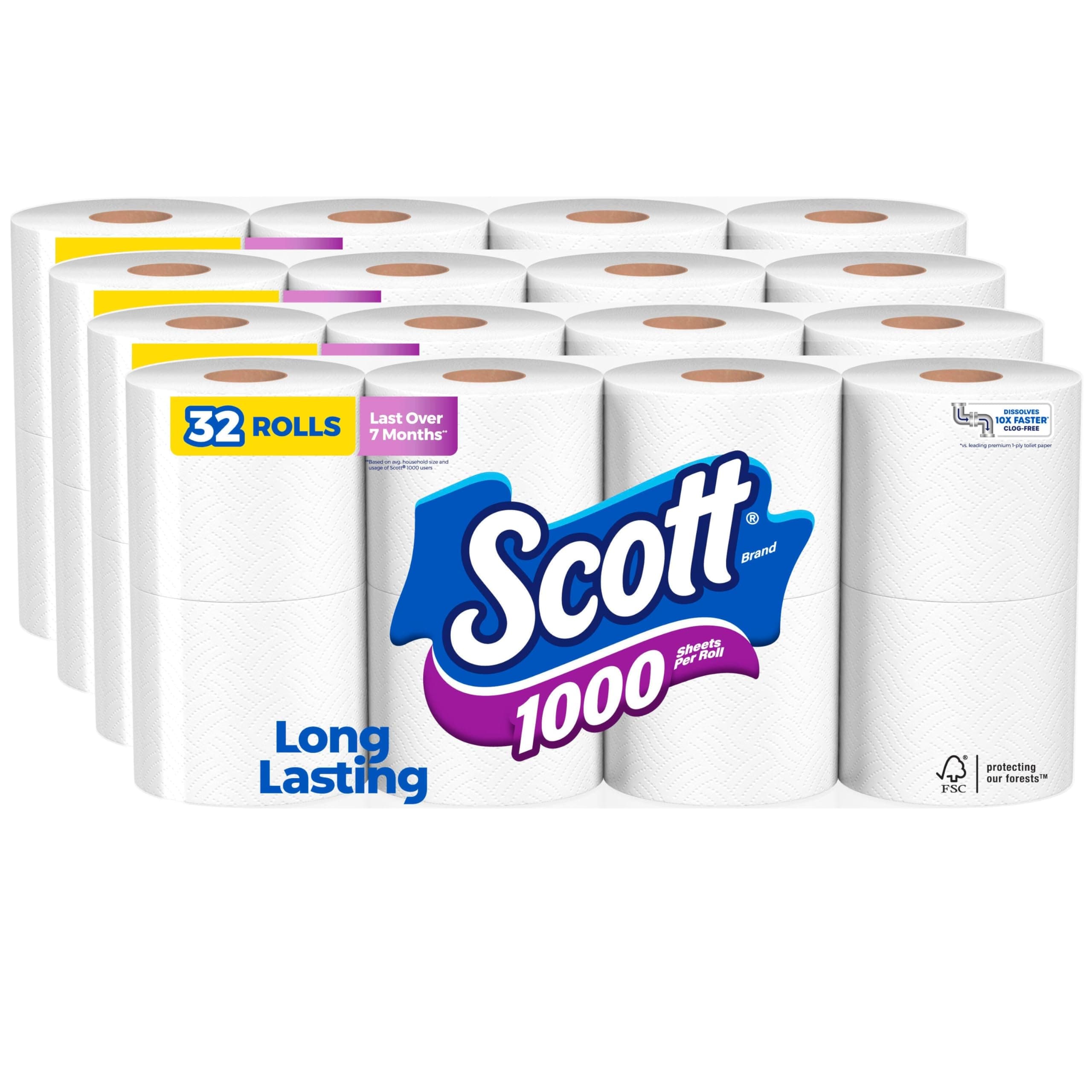 Scott 1000 Toilet Paper, 32 Rolls, Septic-Safe, 1-Ply Toilet Tissue Regular 1000 Sheets (Pack of 32)
