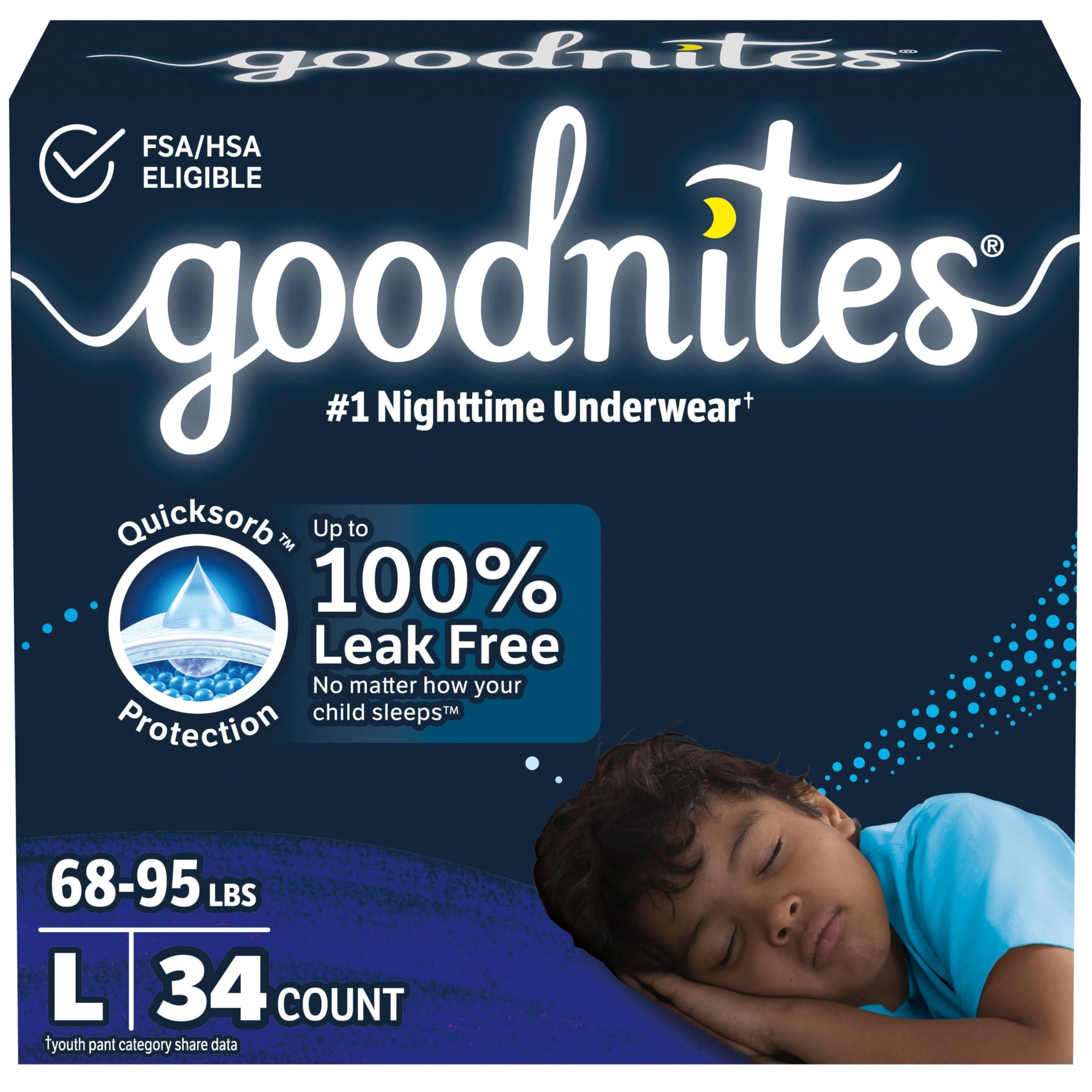 Goodnites Boys' Nighttime Bedwetting Underwear, Size Large (68-95 lbs), 34 Ct (2 Packs of 17), Packaging May Vary Large 34