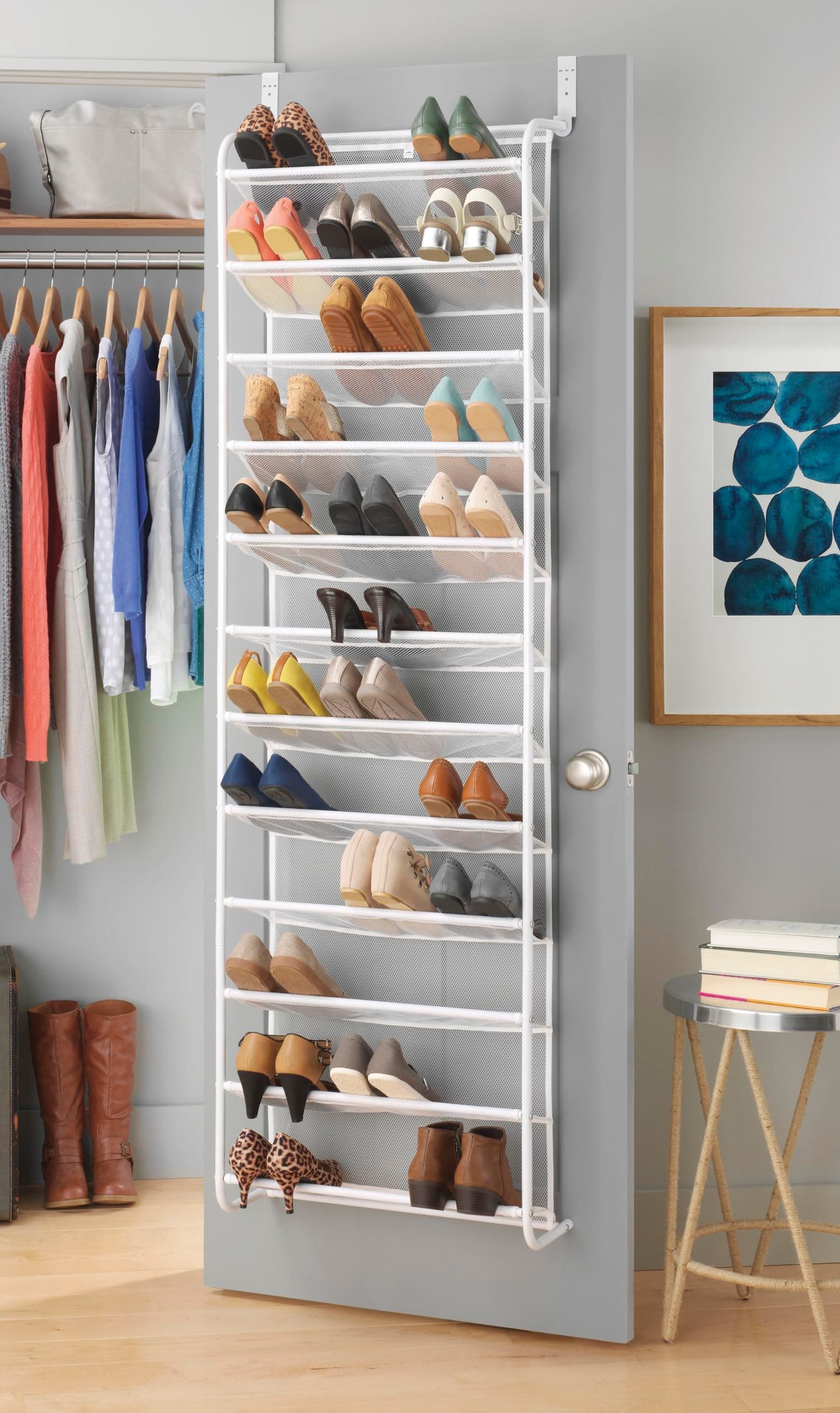 Whitmor 36 Pair Over the Door Shoe Organizer, 12 Tier Hanging Shoe Organizer, Heavy Duty Metal & Mesh Shoe Holder, Hanging Shoe Rack for Closet Organizer & Storage, 69"L x 21.7"W x 7.5"H, White Shoe Rack White