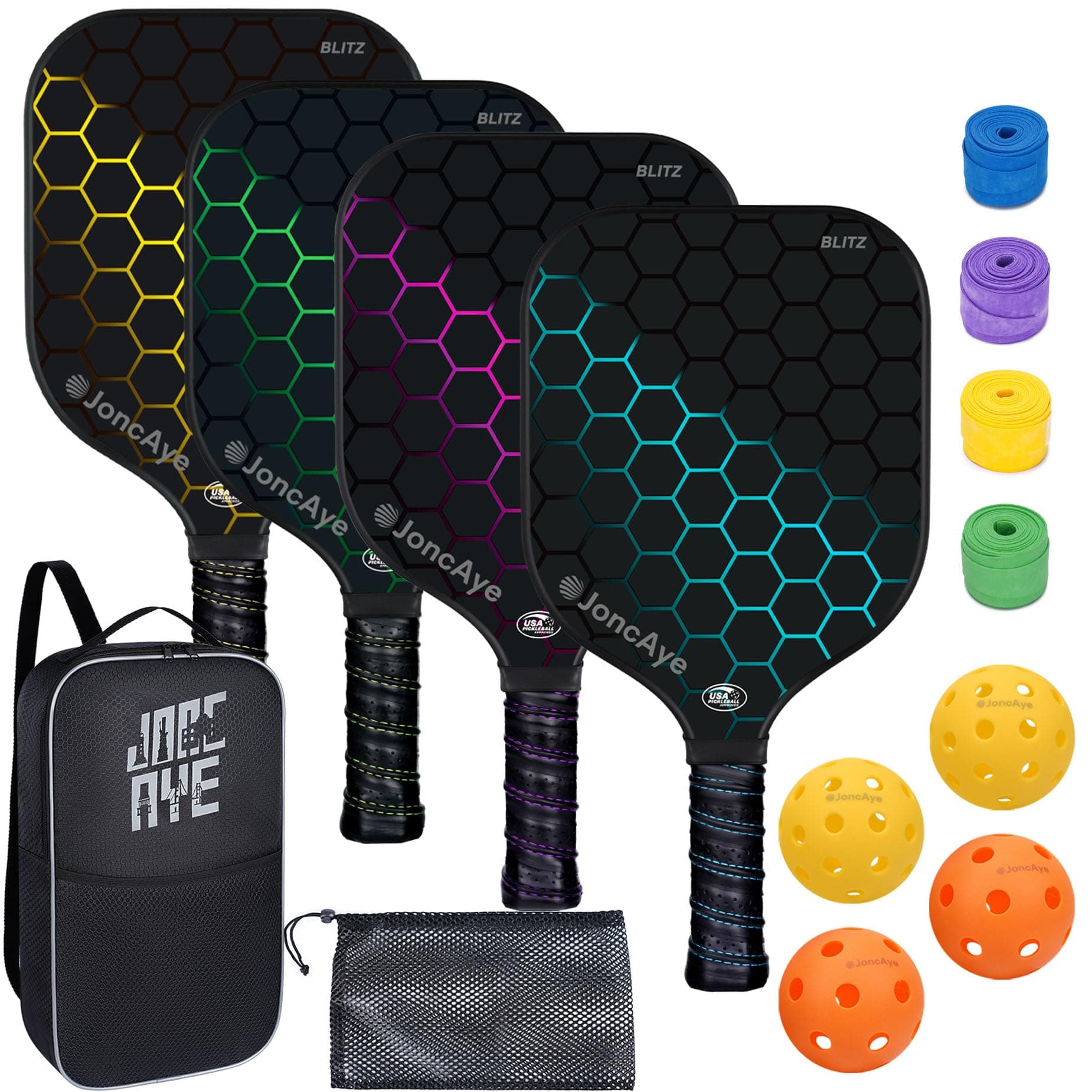 Pickleball-Paddles-Set of 4 or 2 Rackets by JoncAye, USAPA Approved Pickle-Ball Equipment with Balls, Bag, Accessories, Fiberglass Graphite Pickleball Racquet Set for Men, Women, Kids, Adults BLITZ 4-PK