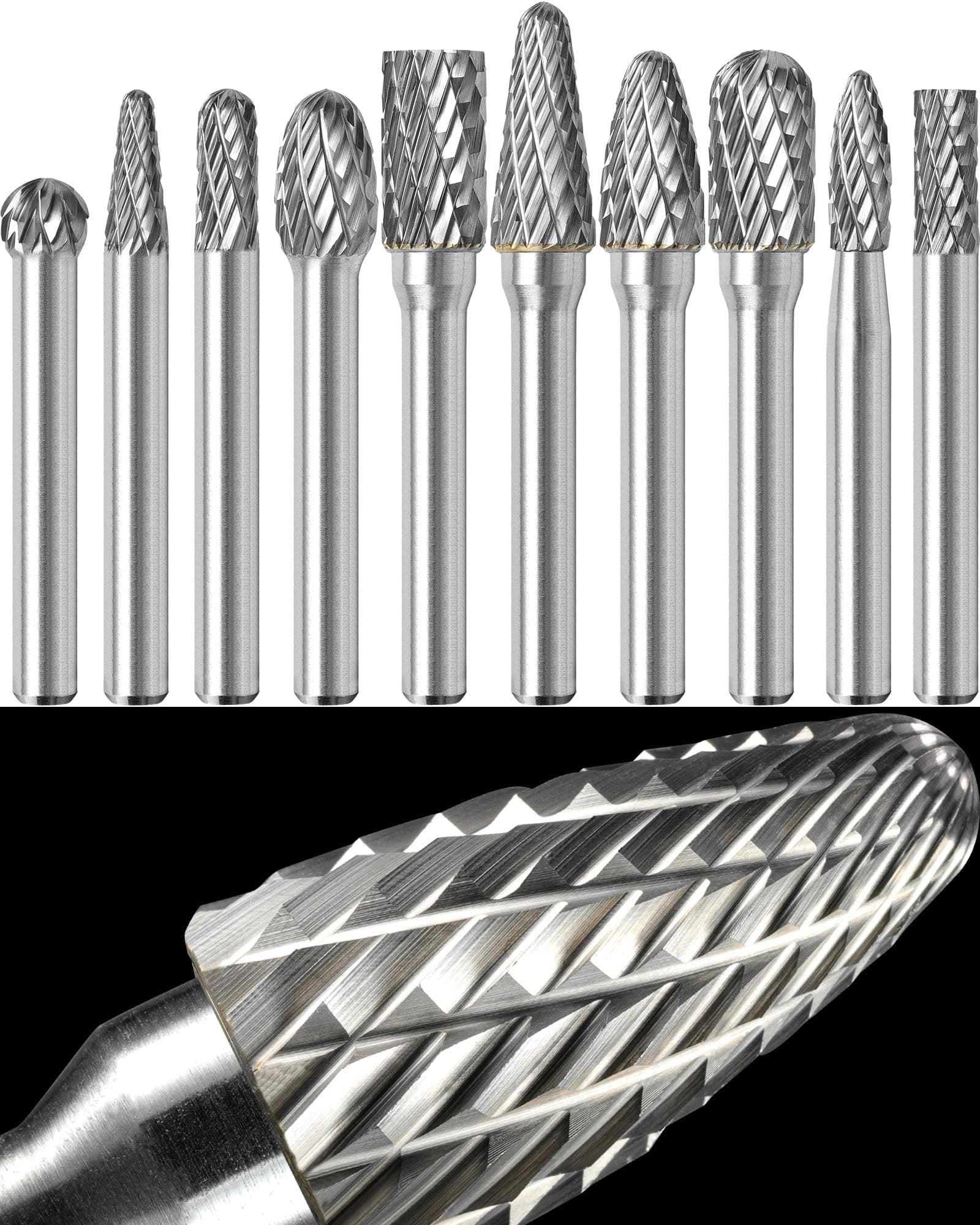10Pcs Carbide Burr Set 1/4 Shank w/Clear Box Max Head Dia 10mm Die Grinder Bits Rotary Tools Attachment Kit Rasp Accessories Metal Wood Stone Steel Grinding Deburring Cutting Porting Carving