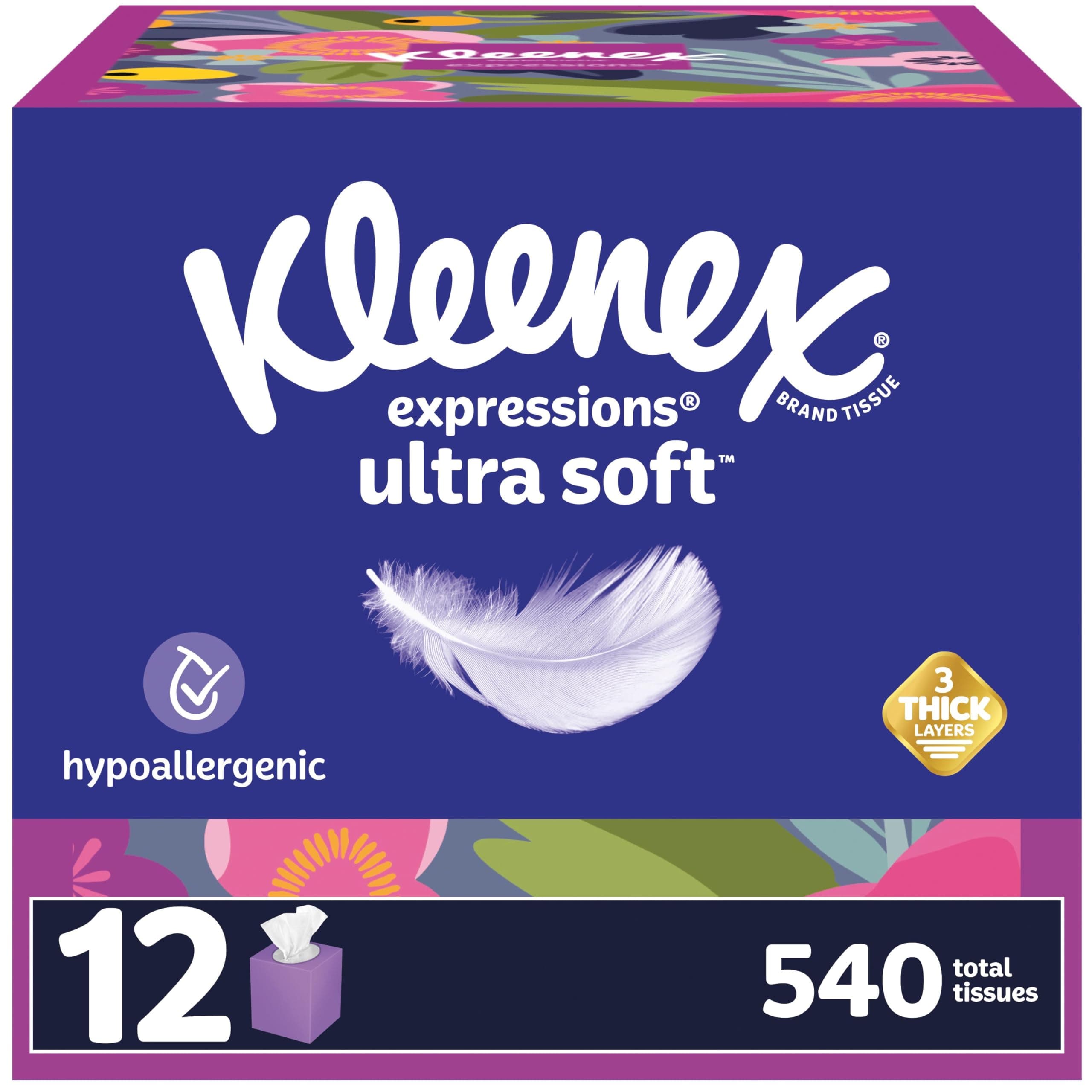 Kleenex Expressions Ultra Soft Facial Tissues, 12 Cube Boxes, 45 Tissues per Box, 3-Ply (540 Total Tissues), Packaging May Vary White 45 Tissues (Pack of 12)
