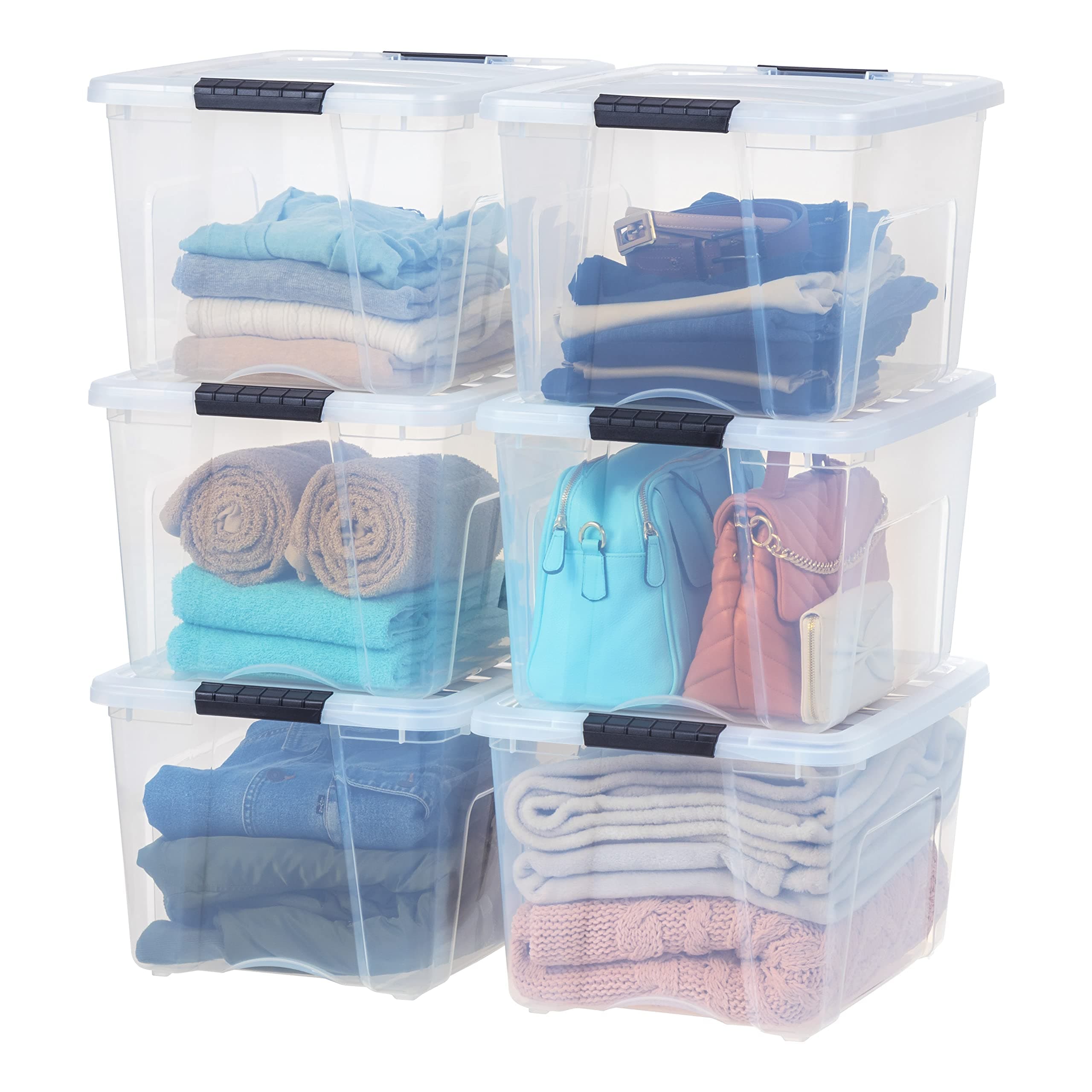IRIS USA 40 QT Plastic Storage Box with Lid and Latches - 6 Pack - BPA-Free, See-Through Organizing Solution, Durable Nestable Stackable Containers, Secure Pull Handle - Clear Clear 40 Qt 6 Pack