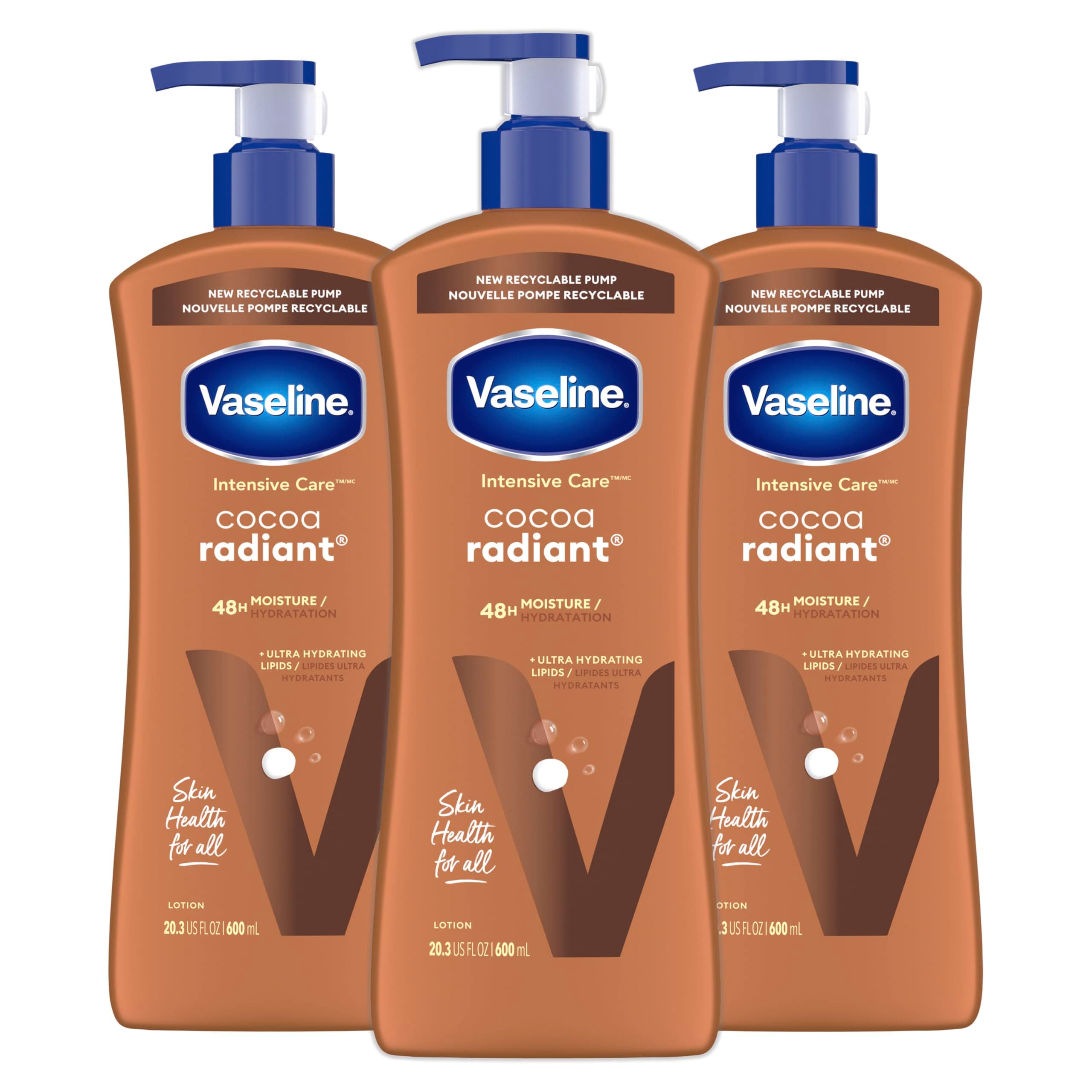 Vaseline Intensive Care Body Lotion Cocoa Radiant 3 count for Dry Skin Lotion Made with Ultra-Hydrating Lipids and Pure Cocoa Butter for a Long-Lasting, Radiant Glow 20.3 Oz 20.3 Fl Oz (Pack of 3)