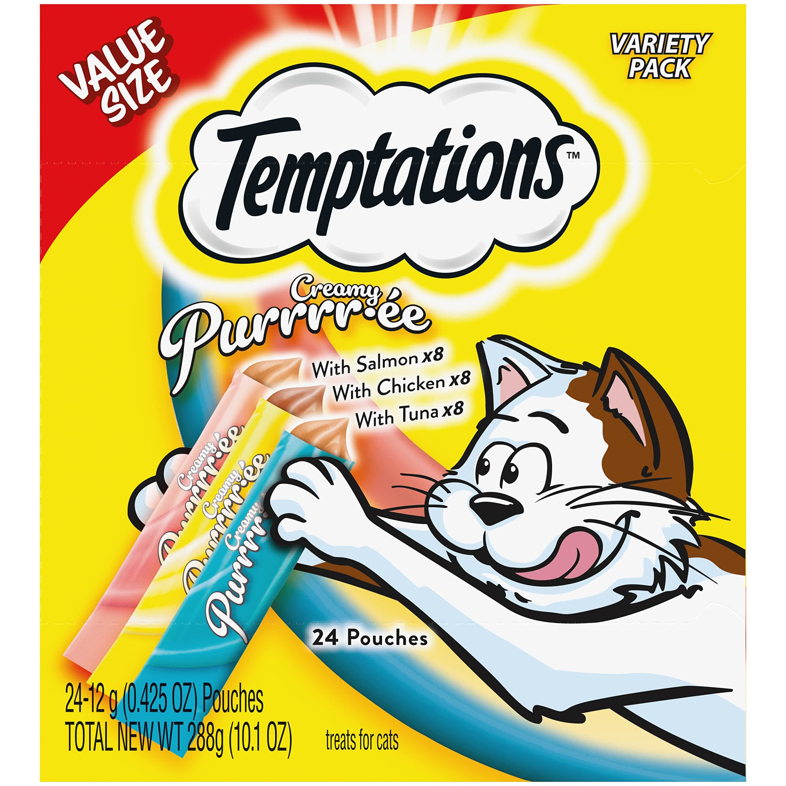 Temptations Creamy Puree Variety Pack of Squeezable Cat Treats, 0.42 oz. Tubes, 24 Count Chicken, Salmon, & Tuna Variety Pack 24 Count (Pack of 1)